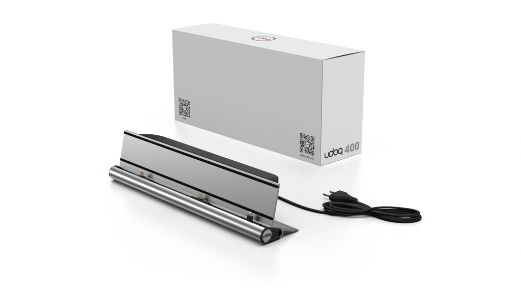udoq 400 STARTER silber - 5 fach Ladestation gefräst und eloxiert aus solidem Aluminium. Exklusives Design mit patentierten verschiebbaren Anschlüssen. Lade platzsparend alle iPad, iPhone, AirPods, Apple Watch und Android Geräte mit bis zu 136W.