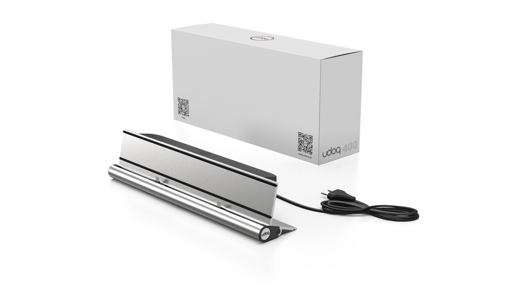 udoq 400 STARTER silber - 2 fach Ladestation gefräst und eloxiert aus solidem Aluminium. Exklusives Design mit patentierten verschiebbaren Anschlüssen. Lade platzsparend alle iPad, iPhone, AirPods, Apple Watch und Android Geräte mit bis zu 136W.