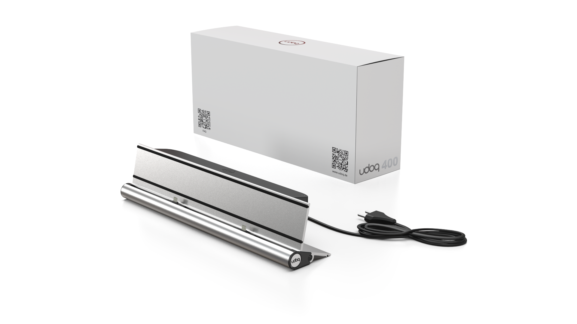 udoq 400 STARTER silber - 2 fach Ladestation gefräst und eloxiert aus solidem Aluminium. Exklusives Design mit patentierten verschiebbaren Anschlüssen. Lade platzsparend alle iPad, iPhone, AirPods, Apple Watch und Android Geräte mit bis zu 136W.