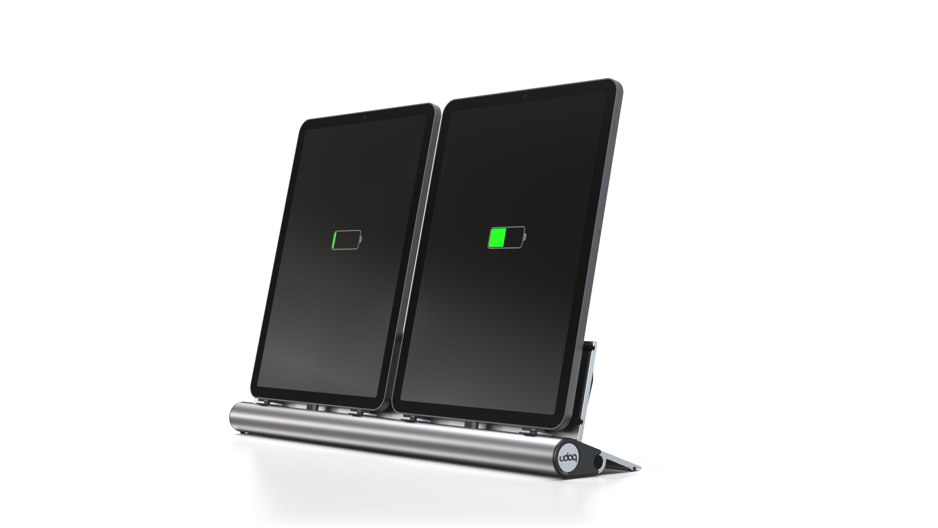 udoq 400 TABLET USB-C silber - 1 fach Ladestation gefräst und eloxiert aus solidem Aluminium. Exklusives Design mit patentierten verschiebbaren Anschlüssen. Lade platzsparend alle iPad, iPhone, AirPods, Apple Watch und Android Geräte mit bis zu 136W.
