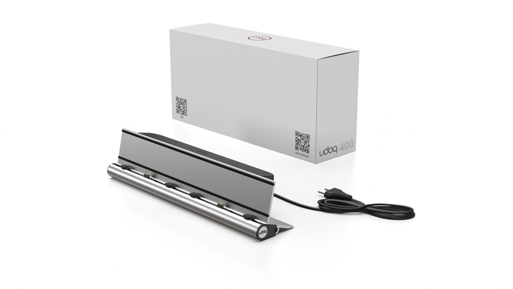 udoq 250 TABLET USB-C silber - 1 fach Ladestation gefräst und eloxiert aus solidem Aluminium. Exklusives Design mit patentierten verschiebbaren Anschlüssen. Lade platzsparend alle iPad, iPhone, AirPods, Apple Watch und Android Geräte mit bis zu 136W.