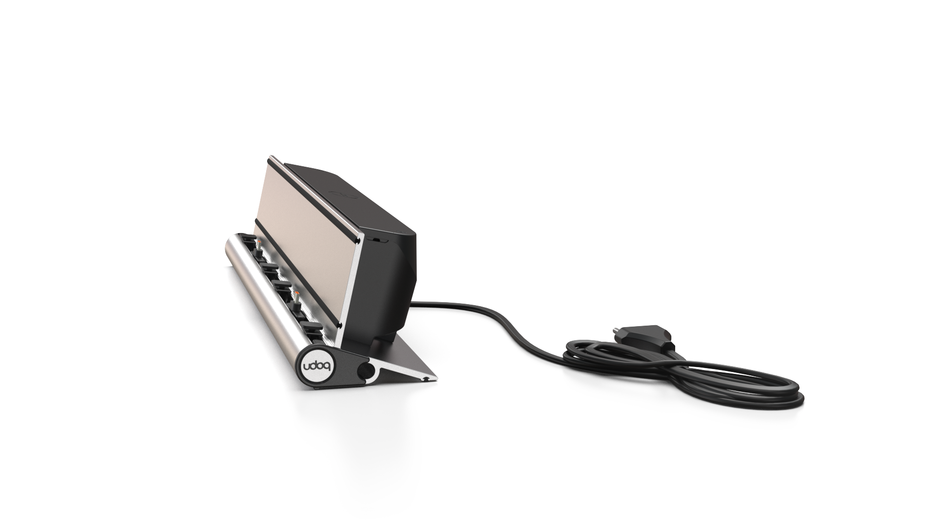 udoq 250 TABLET USB-C silber - 1 fach Ladestation gefräst und eloxiert aus solidem Aluminium. Exklusives Design mit patentierten verschiebbaren Anschlüssen. Lade platzsparend alle iPad, iPhone, AirPods, Apple Watch und Android Geräte mit bis zu 136W.