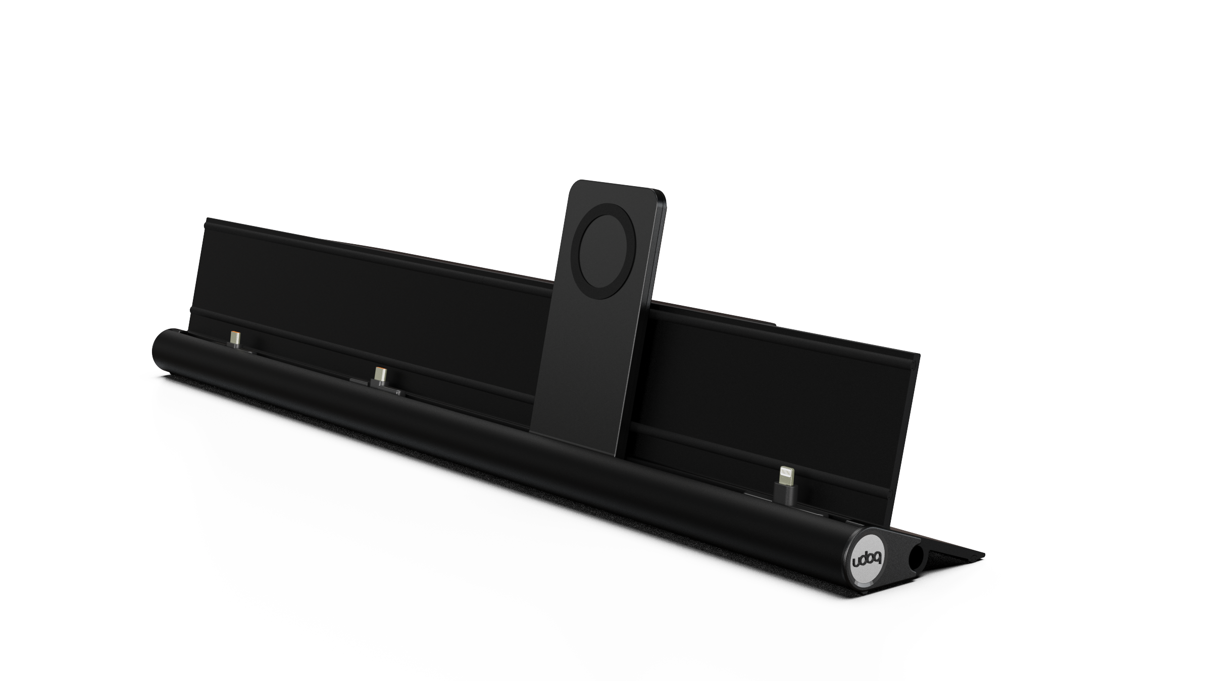 udoq 550 PREMIUM schwarz - 4 fach Ladestation gefräst und eloxiert aus solidem Aluminium. Exklusives Design mit patentierten verschiebbaren Anschlüssen. Lade platzsparend alle iPad, iPhone, AirPods, Apple Watch und Android Geräte mit bis zu 136W.