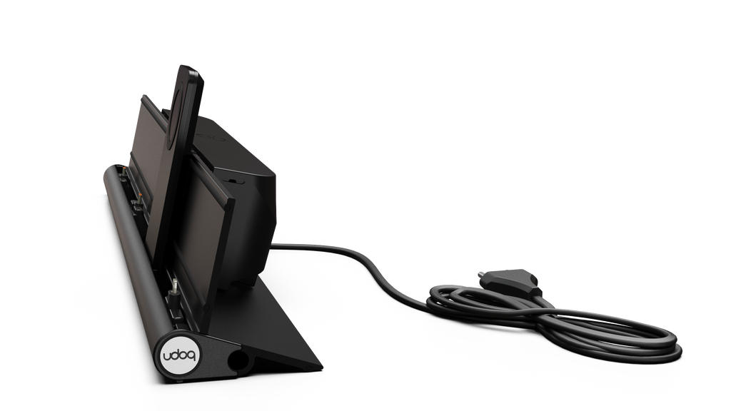 udoq 550 PREMIUM schwarz - 4 fach Ladestation gefräst und eloxiert aus solidem Aluminium. Exklusives Design mit patentierten verschiebbaren Anschlüssen. Lade platzsparend alle iPad, iPhone, AirPods, Apple Watch und Android Geräte mit bis zu 136W.