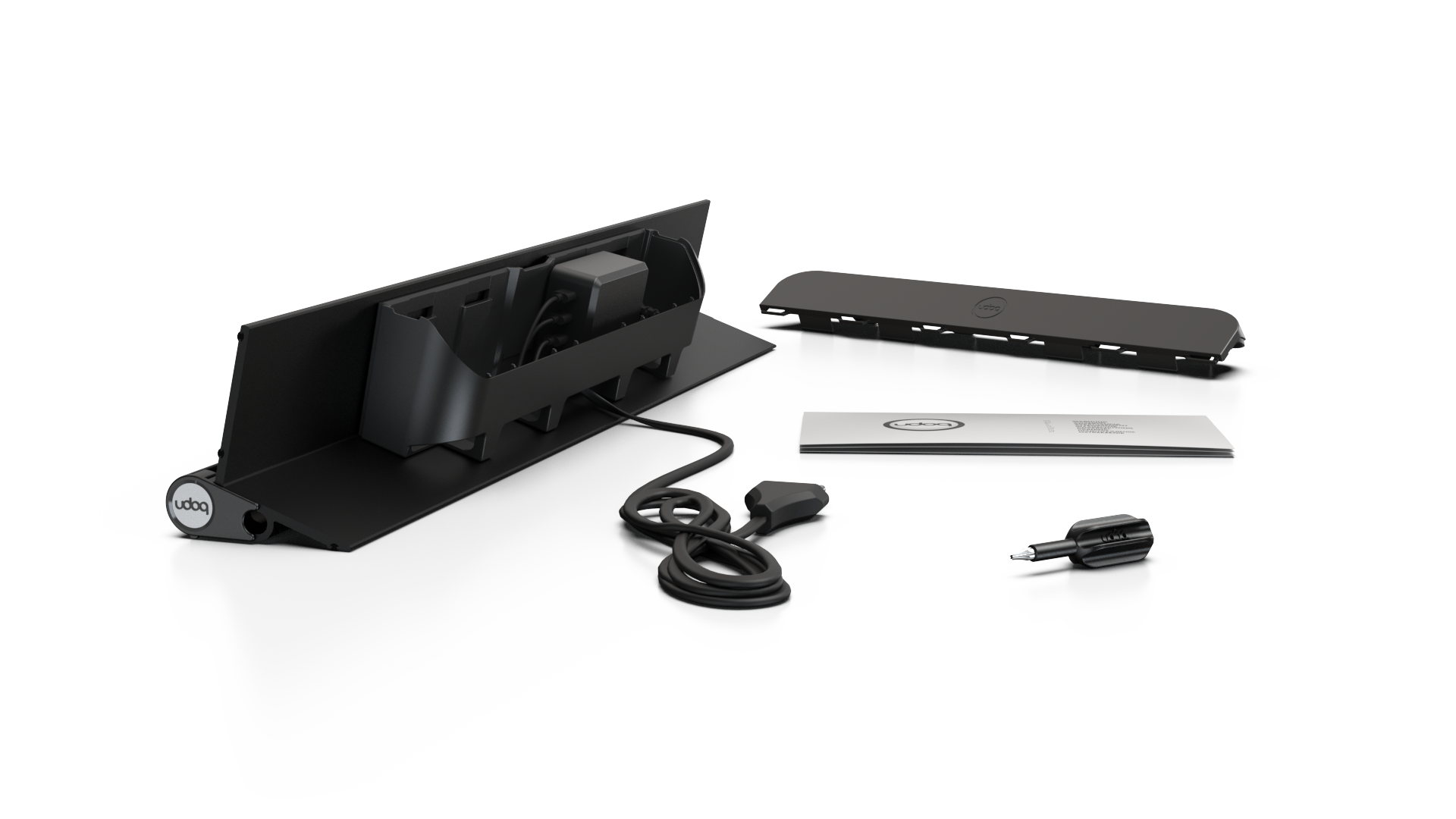 udoq 550 IPAD schwarz - 3 fach Ladestation gefräst und eloxiert aus solidem Aluminium. Exklusives Design mit patentierten verschiebbaren Anschlüssen. Lade platzsparend alle iPad, iPhone, AirPods, Apple Watch und Android Geräte mit bis zu 136W.