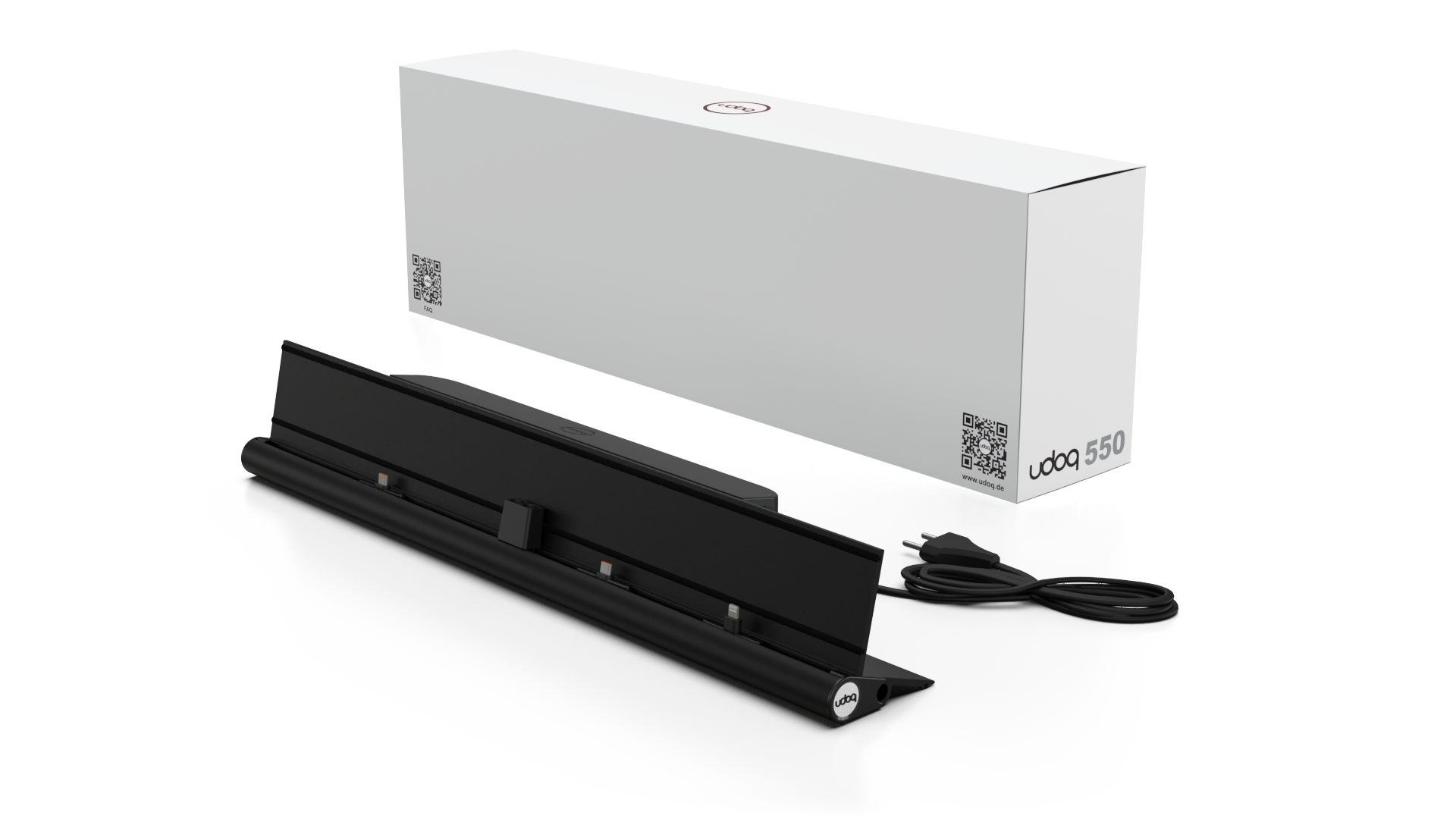 udoq 550 IPAD schwarz - 3 fach Ladestation gefräst und eloxiert aus solidem Aluminium. Exklusives Design mit patentierten verschiebbaren Anschlüssen. Lade platzsparend alle iPad, iPhone, AirPods, Apple Watch und Android Geräte mit bis zu 136W.