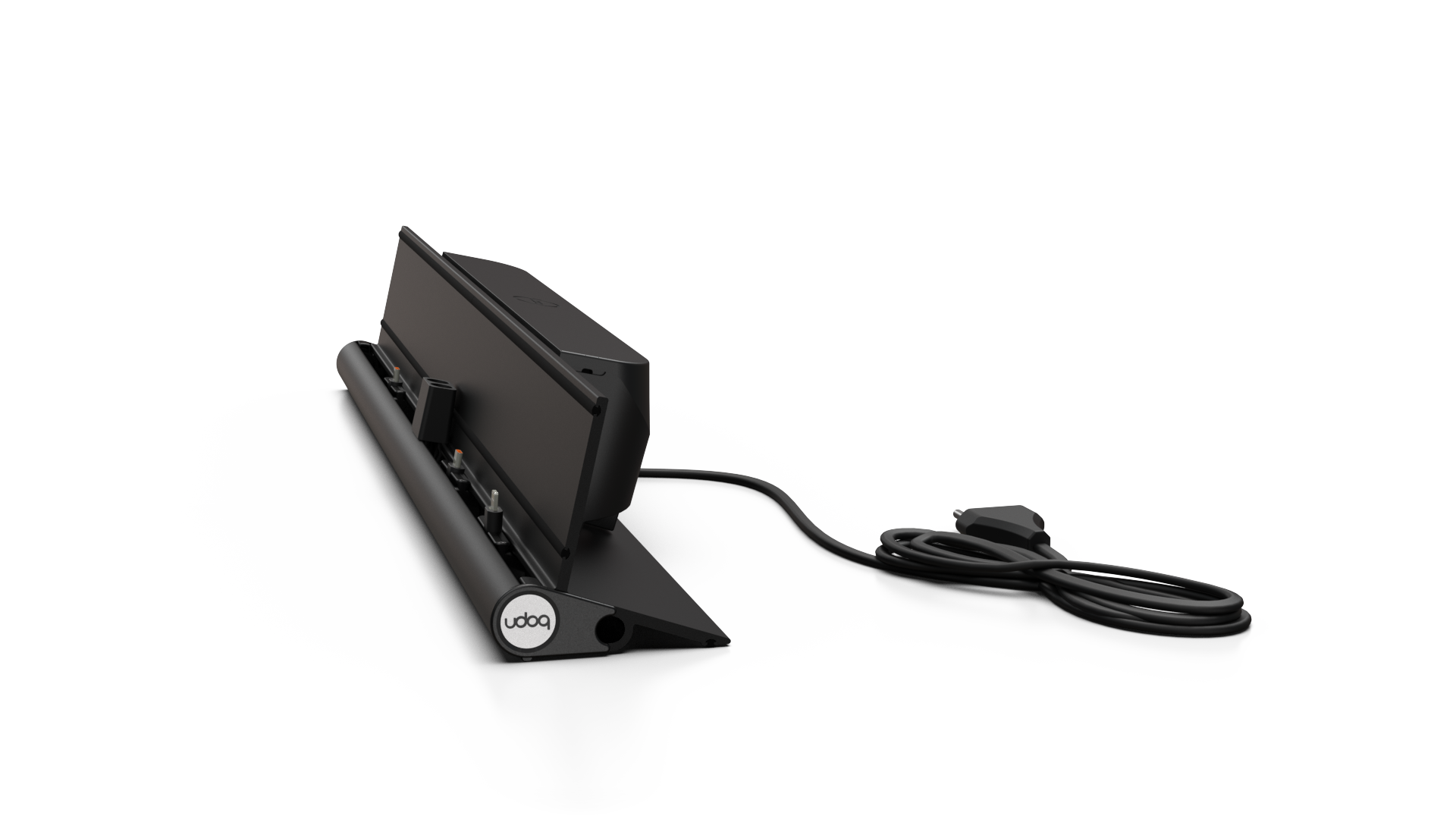 udoq 550 IPAD schwarz - 3 fach Ladestation gefräst und eloxiert aus solidem Aluminium. Exklusives Design mit patentierten verschiebbaren Anschlüssen. Lade platzsparend alle iPad, iPhone, AirPods, Apple Watch und Android Geräte mit bis zu 136W.