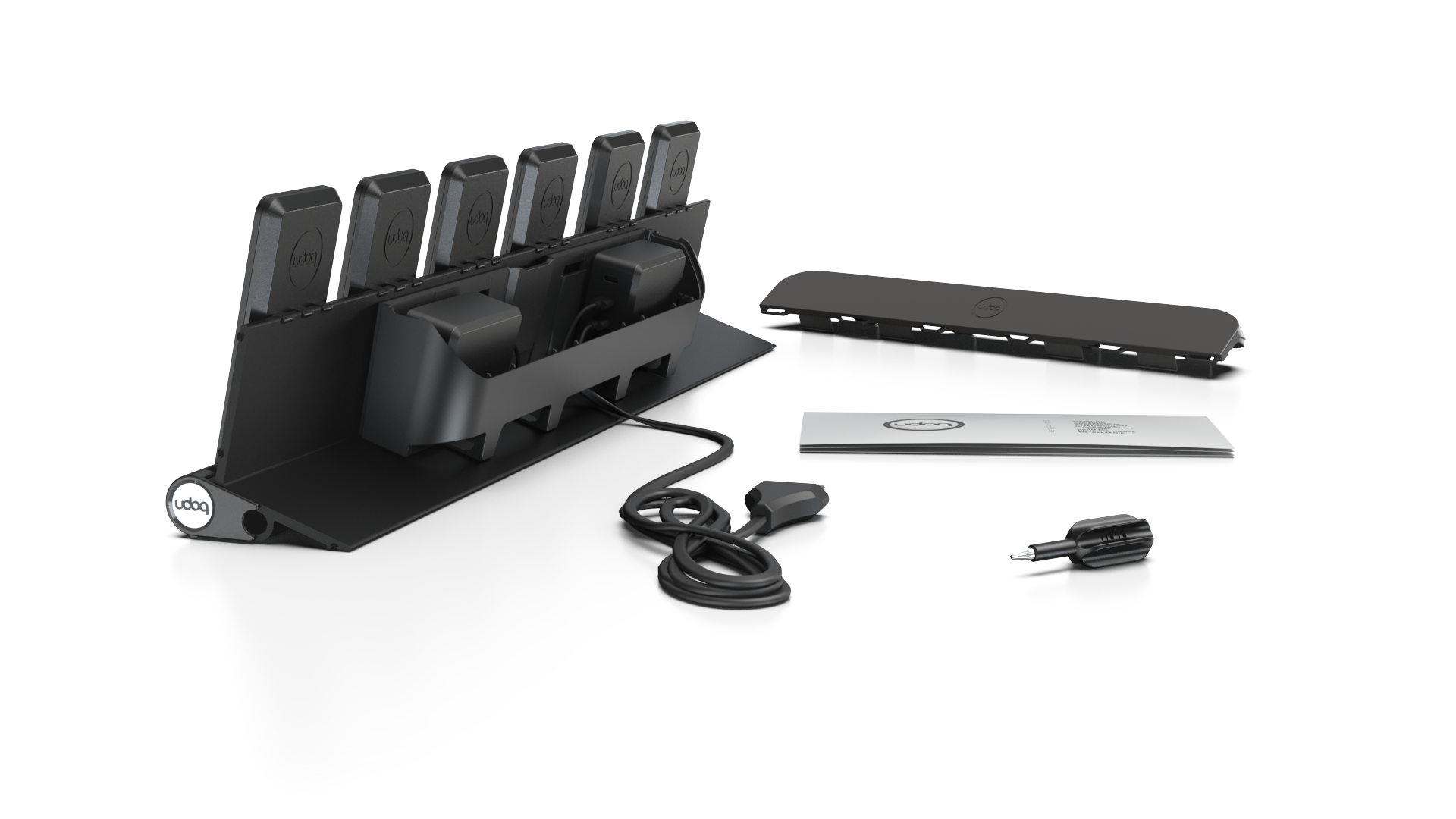 udoq 550 PRO schwarz - 6 fach Ladestation gefräst und eloxiert aus solidem Aluminium. Exklusives Design mit patentierten verschiebbaren Anschlüssen. Lade platzsparend alle iPhones und AirPods, Apple Watch und Android Geräte mit bis zu 136W.