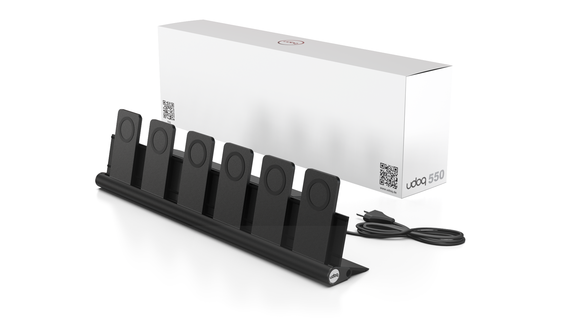 udoq 550 PRO schwarz - 6 fach Ladestation gefräst und eloxiert aus solidem Aluminium. Exklusives Design mit patentierten verschiebbaren Anschlüssen. Lade platzsparend alle iPhones und AirPods, Apple Watch und Android Geräte mit bis zu 136W.