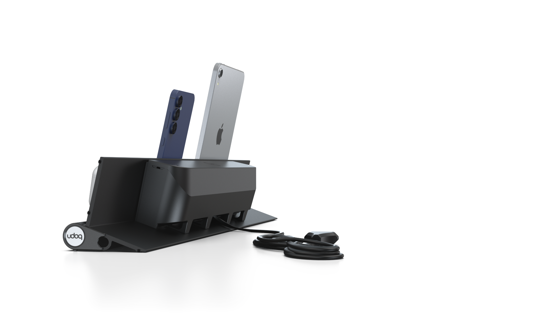 udoq 550 STARTER schwarz - 3 fach Ladestation gefräst und eloxiert aus solidem Aluminium. Exklusives Design mit patentierten verschiebbaren Anschlüssen. Lade platzsparend alle iPad, iPhone, AirPods, Apple Watch und Android Geräte mit bis zu 136W.