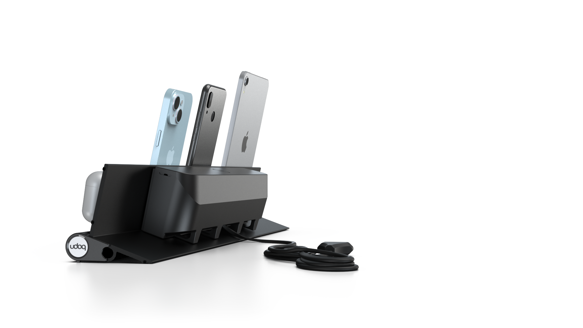 udoq 550 STARTER schwarz - 5 fach Ladestation gefräst und eloxiert aus solidem Aluminium. Exklusives Design mit patentierten verschiebbaren Anschlüssen. Lade platzsparend alle iPad, iPhone, AirPods, Apple Watch und Android Geräte mit bis zu 136W.