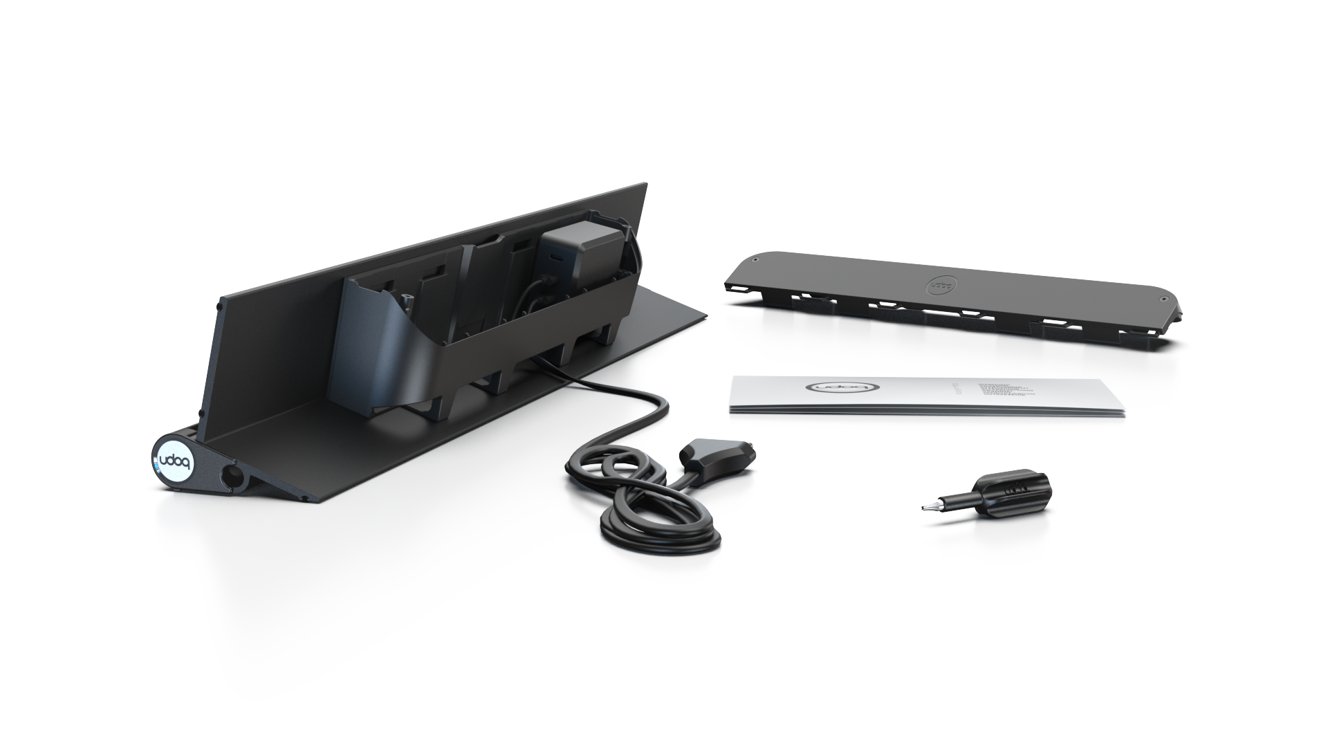 udoq 550 STARTER schwarz - 3 fach Ladestation gefräst und eloxiert aus solidem Aluminium. Exklusives Design mit patentierten verschiebbaren Anschlüssen. Lade platzsparend alle iPad, iPhone, AirPods, Apple Watch und Android Geräte mit bis zu 136W.