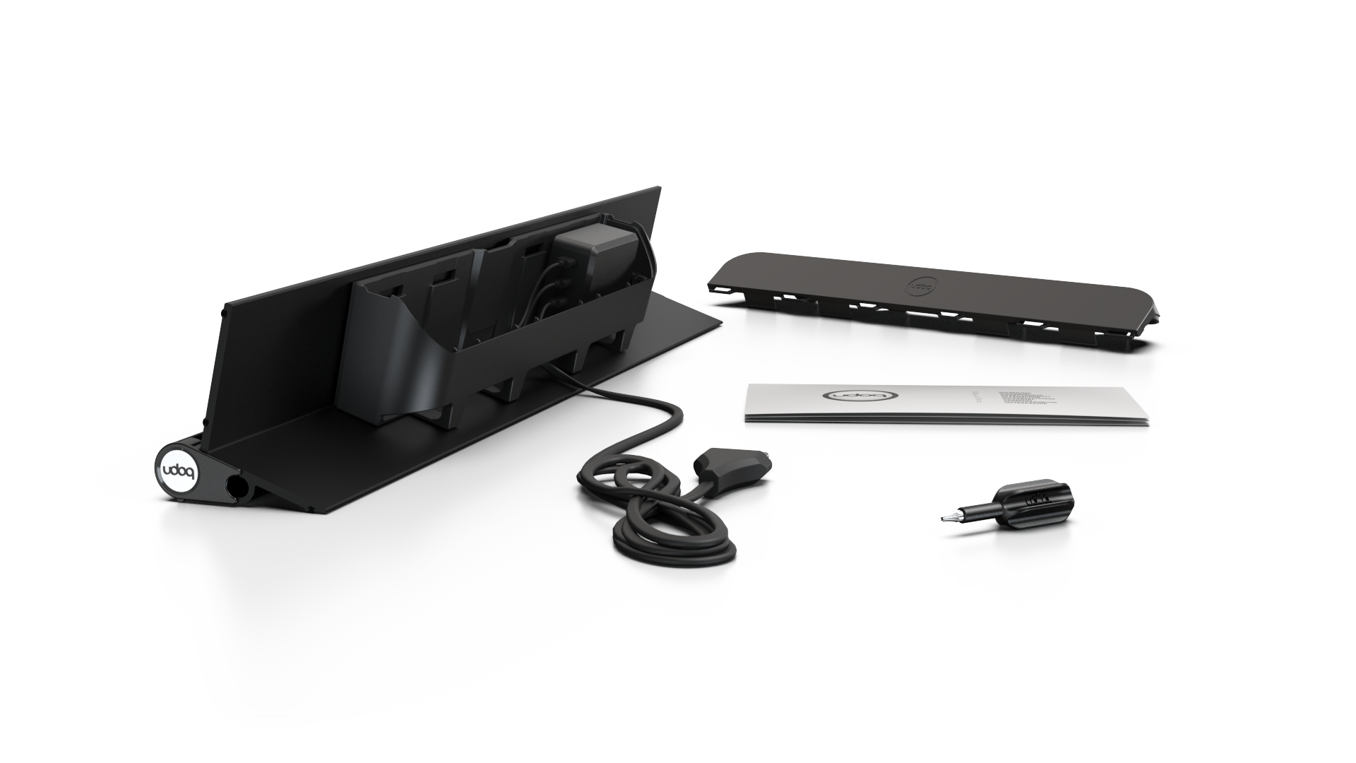 udoq 550 STARTER schwarz - 5 fach Ladestation gefräst und eloxiert aus solidem Aluminium. Exklusives Design mit patentierten verschiebbaren Anschlüssen. Lade platzsparend alle iPad, iPhone, AirPods, Apple Watch und Android Geräte mit bis zu 136W.