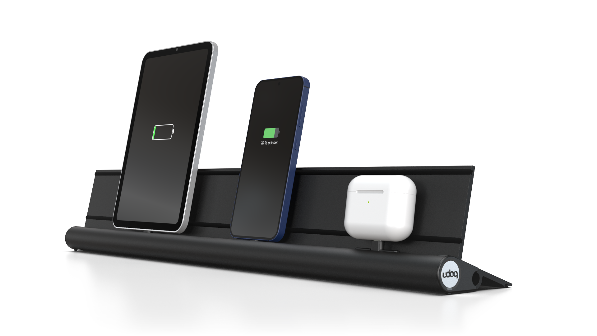 udoq 550 STARTER schwarz - 3 fach Ladestation gefräst und eloxiert aus solidem Aluminium. Exklusives Design mit patentierten verschiebbaren Anschlüssen. Lade platzsparend alle iPad, iPhone, AirPods, Apple Watch und Android Geräte mit bis zu 136W.