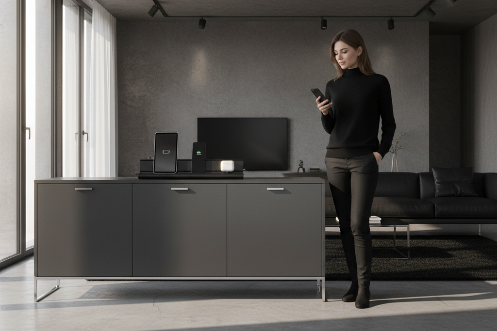 USB-C Ladestation aus Aluminium mit mehreren Ladeplätzen - 68W Schnellladen, modulares Starter-Set erweiterbar, Ladehub für Smartphone Tablets & mobile Geräte, schwarz eloxiert AA
