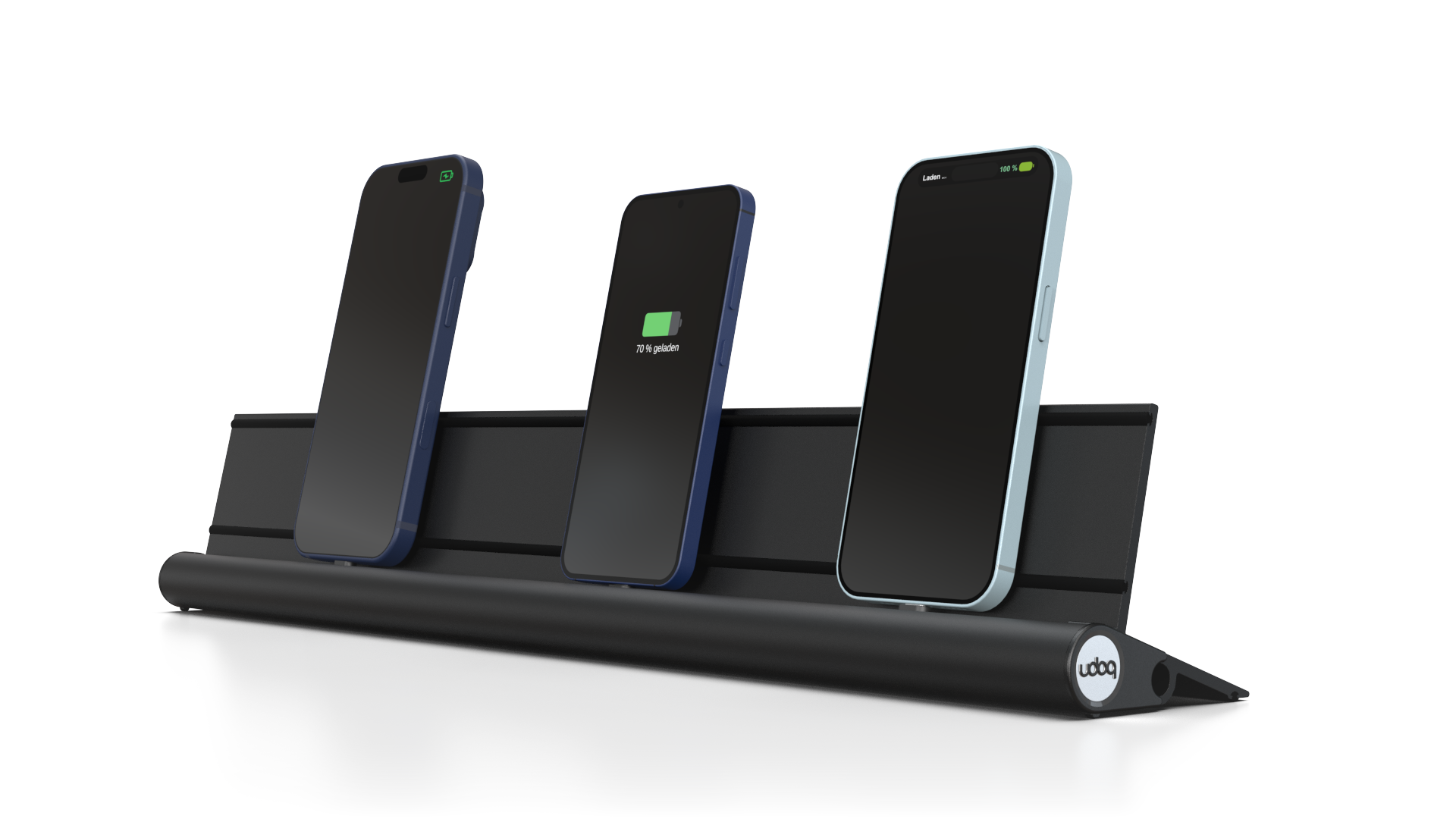 udoq 550 STARTER schwarz - 3 fach Ladestation gefräst und eloxiert aus solidem Aluminium. Exklusives Design mit patentierten verschiebbaren Anschlüssen. Lade platzsparend alle iPad, iPhone, AirPods, Apple Watch und Android Geräte mit bis zu 136W.
