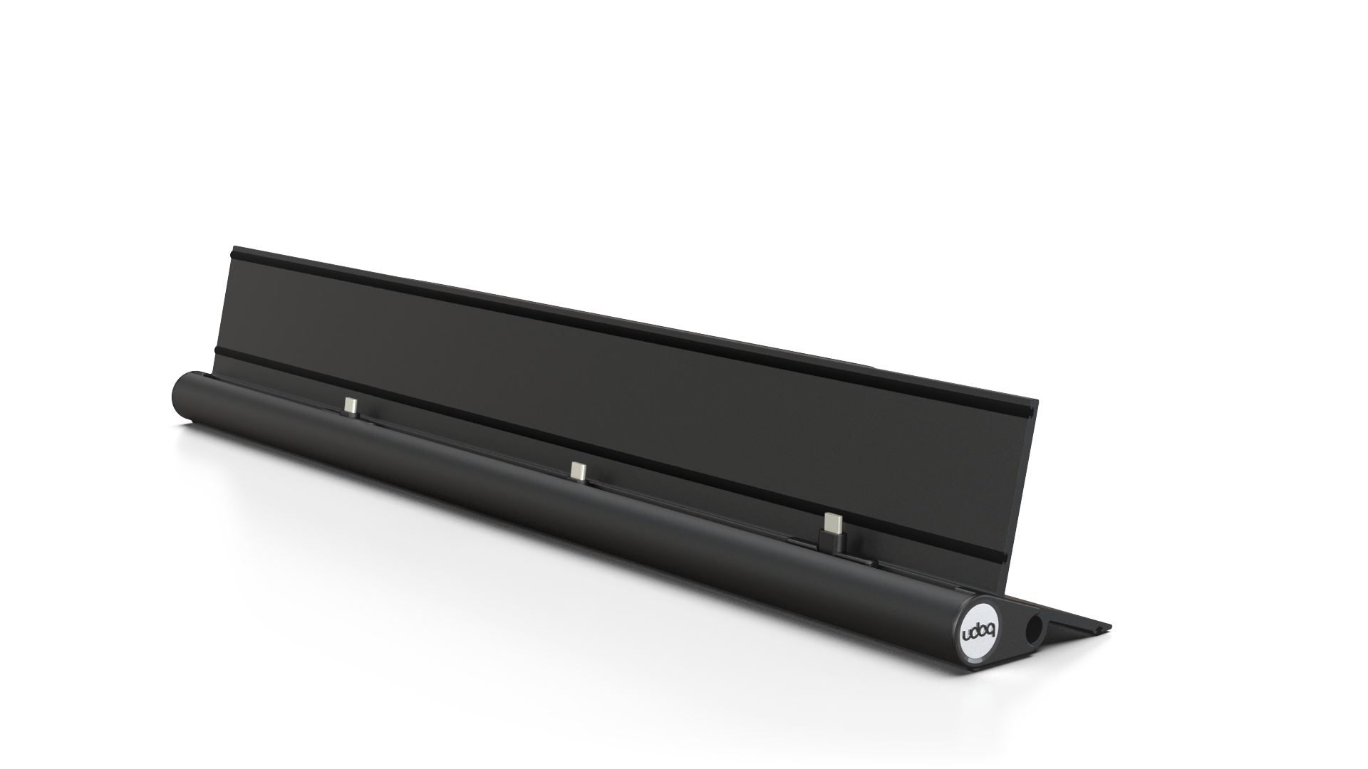 udoq 550 STARTER schwarz - 3 fach Ladestation gefräst und eloxiert aus solidem Aluminium. Exklusives Design mit patentierten verschiebbaren Anschlüssen. Lade platzsparend alle iPad, iPhone, AirPods, Apple Watch und Android Geräte mit bis zu 136W.