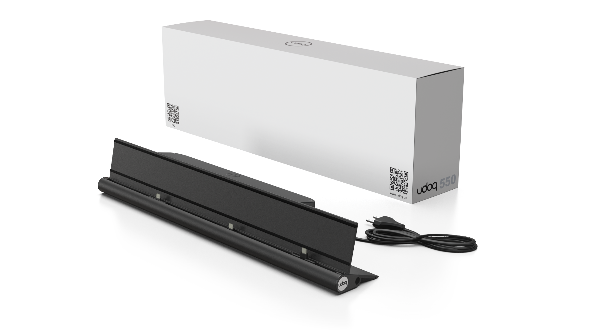 udoq 550 STARTER schwarz - 3 fach Ladestation gefräst und eloxiert aus solidem Aluminium. Exklusives Design mit patentierten verschiebbaren Anschlüssen. Lade platzsparend alle iPad, iPhone, AirPods, Apple Watch und Android Geräte mit bis zu 136W.