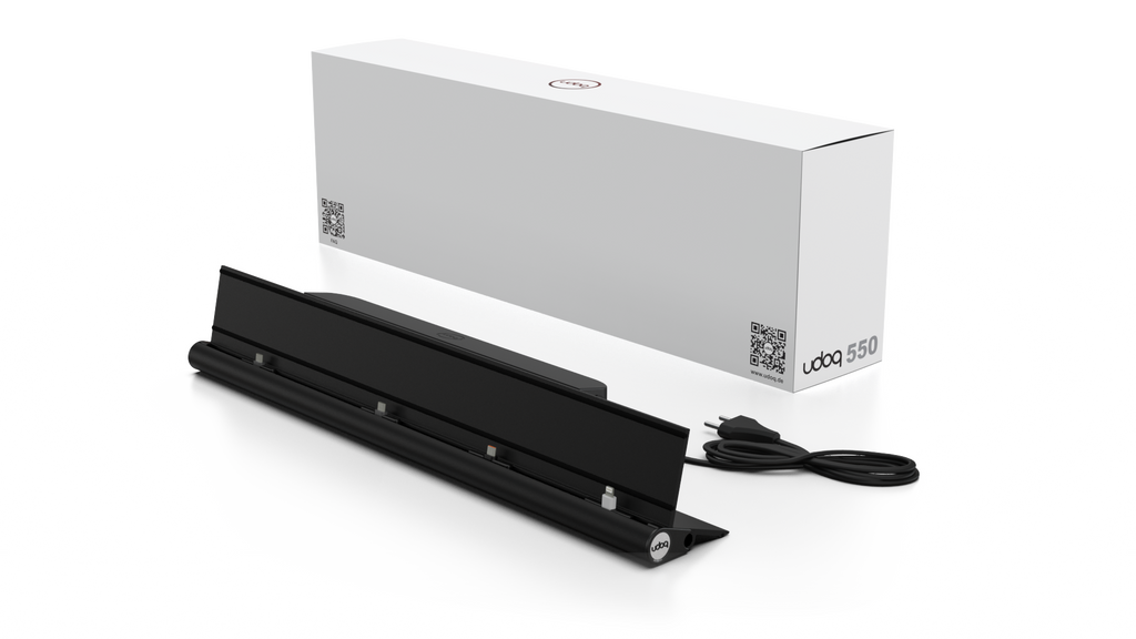 udoq 550 STARTER schwarz - 5 fach Ladestation gefräst und eloxiert aus solidem Aluminium. Exklusives Design mit patentierten verschiebbaren Anschlüssen. Lade platzsparend alle iPad, iPhone, AirPods, Apple Watch und Android Geräte mit bis zu 136W.