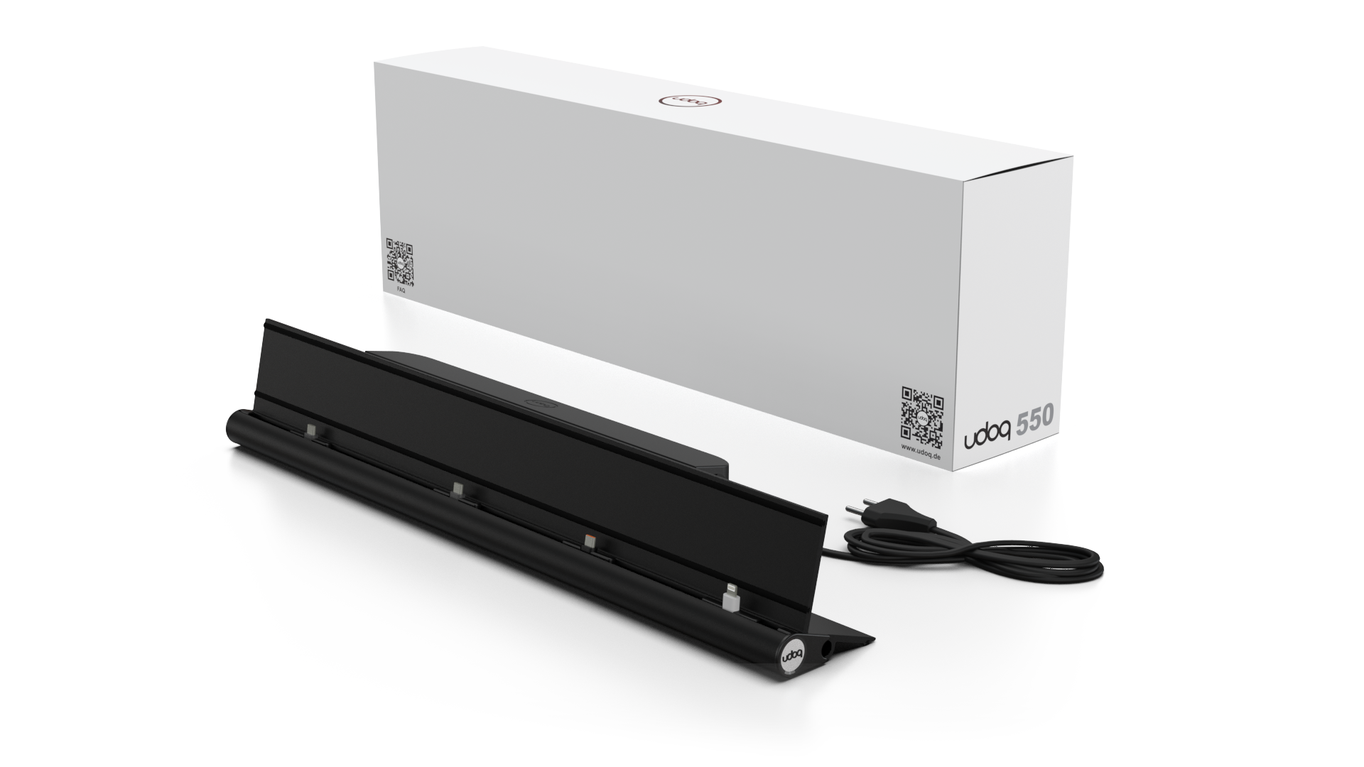 udoq 550 STARTER schwarz - 5 fach Ladestation gefräst und eloxiert aus solidem Aluminium. Exklusives Design mit patentierten verschiebbaren Anschlüssen. Lade platzsparend alle iPad, iPhone, AirPods, Apple Watch und Android Geräte mit bis zu 136W.