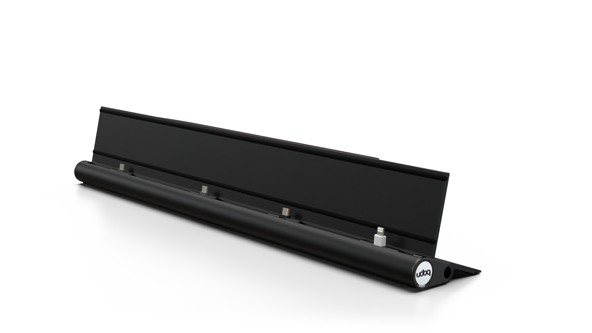 udoq 550 STARTER schwarz - 5 fach Ladestation gefräst und eloxiert aus solidem Aluminium. Exklusives Design mit patentierten verschiebbaren Anschlüssen. Lade platzsparend alle iPad, iPhone, AirPods, Apple Watch und Android Geräte mit bis zu 136W.