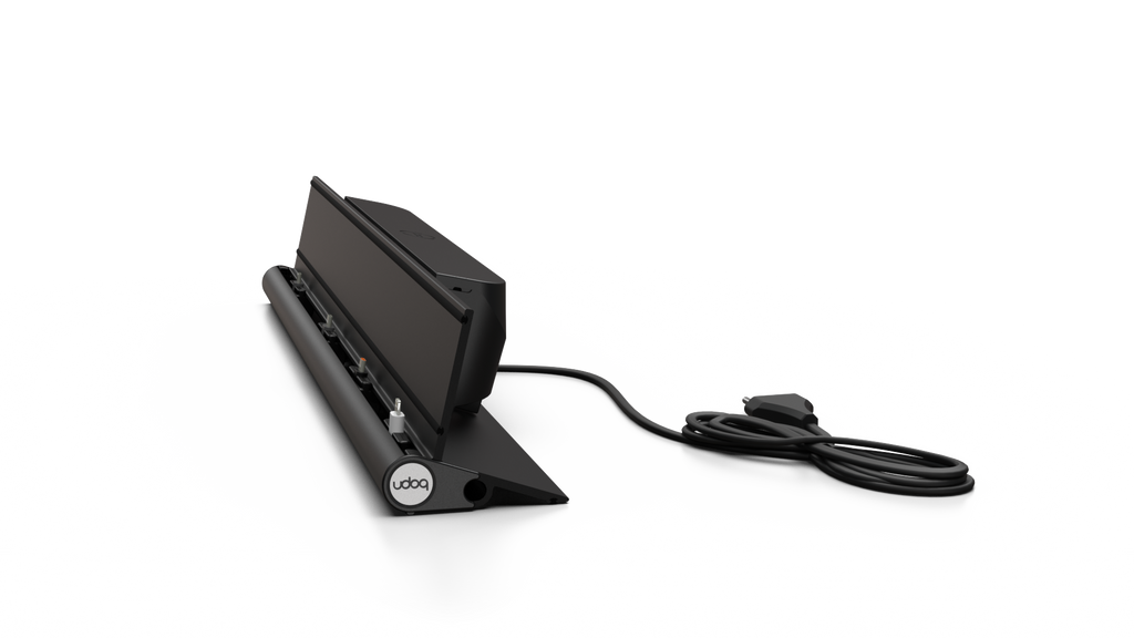 udoq 550 STARTER schwarz - 5 fach Ladestation gefräst und eloxiert aus solidem Aluminium. Exklusives Design mit patentierten verschiebbaren Anschlüssen. Lade platzsparend alle iPad, iPhone, AirPods, Apple Watch und Android Geräte mit bis zu 136W.