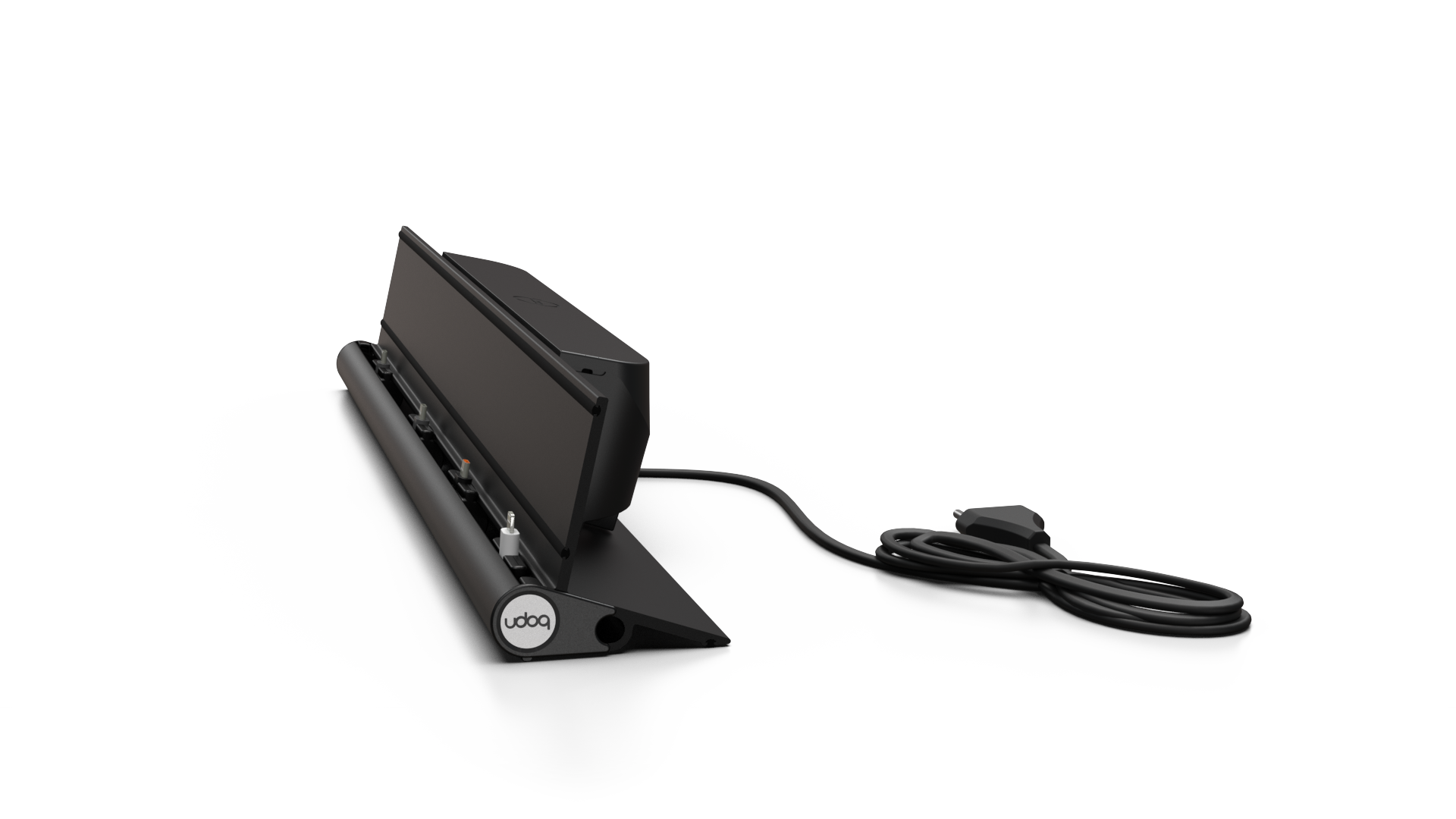 udoq 550 STARTER schwarz - 5 fach Ladestation gefräst und eloxiert aus solidem Aluminium. Exklusives Design mit patentierten verschiebbaren Anschlüssen. Lade platzsparend alle iPad, iPhone, AirPods, Apple Watch und Android Geräte mit bis zu 136W.