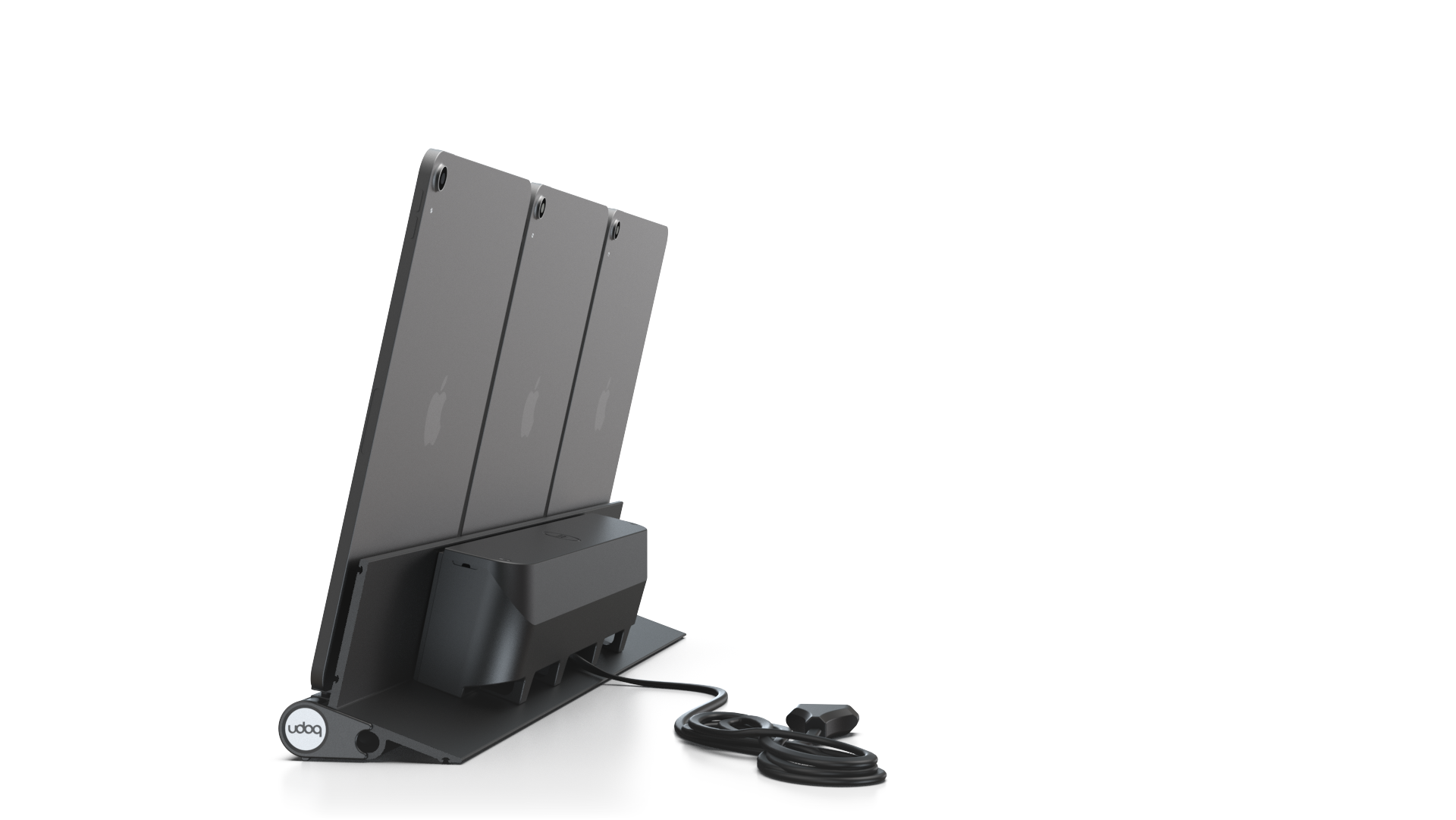 udoq 550 TABLET USB-C schwarz - 3 fach Ladestation gefräst und eloxiert aus solidem Aluminium. Exklusives Design mit patentierten verschiebbaren Anschlüssen. Lade platzsparend alle iPad, iPhone, AirPods, Apple Watch und Android Geräte mit bis zu 136W.