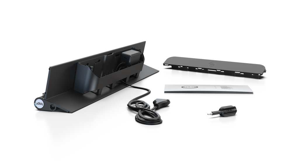 udoq 550 TABLET USB-C schwarz - 3 fach Ladestation gefräst und eloxiert aus solidem Aluminium. Exklusives Design mit patentierten verschiebbaren Anschlüssen. Lade platzsparend alle iPad, iPhone, AirPods, Apple Watch und Android Geräte mit bis zu 136W.