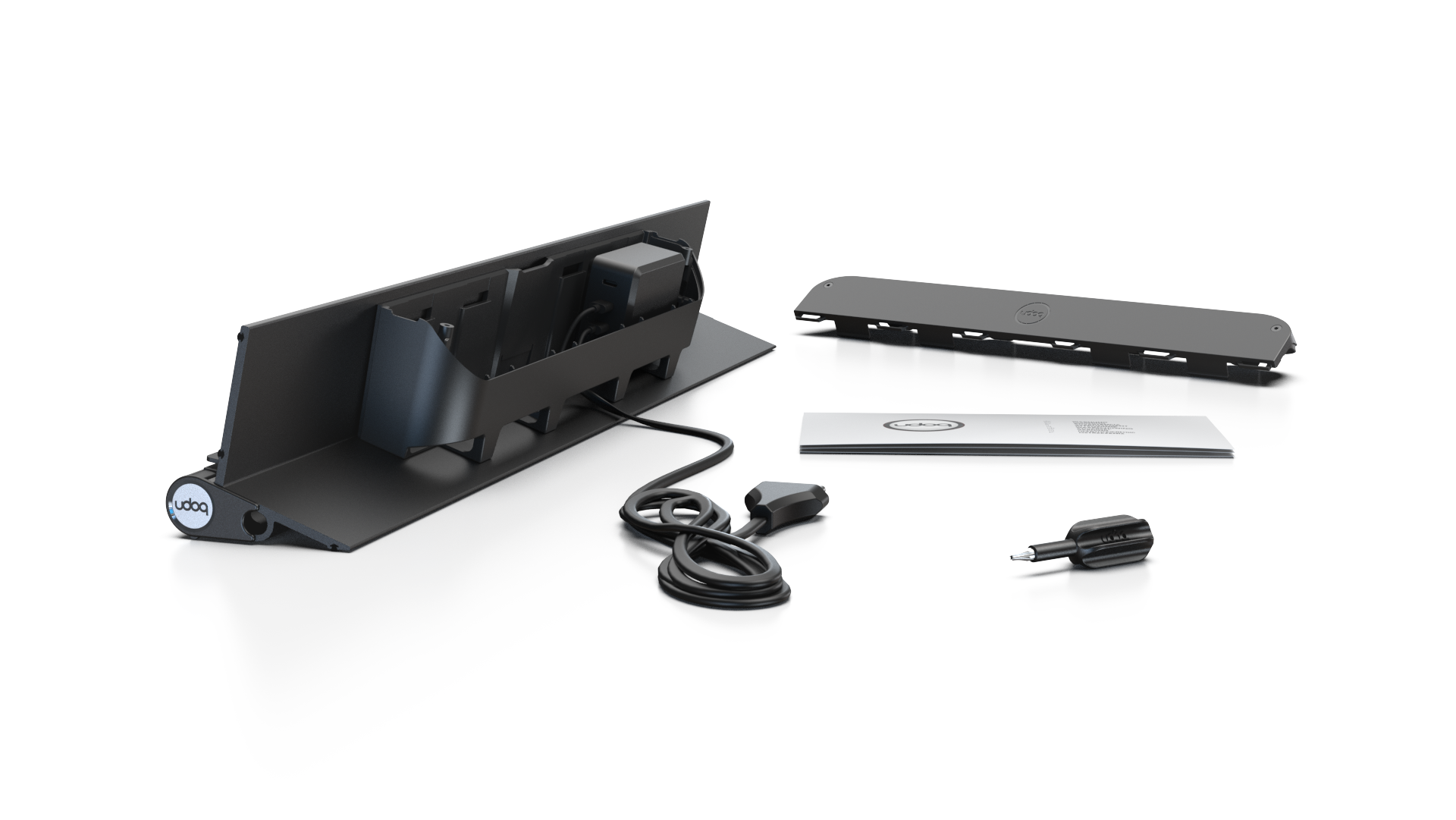 udoq 550 TABLET USB-C schwarz - 3 fach Ladestation gefräst und eloxiert aus solidem Aluminium. Exklusives Design mit patentierten verschiebbaren Anschlüssen. Lade platzsparend alle iPad, iPhone, AirPods, Apple Watch und Android Geräte mit bis zu 136W.