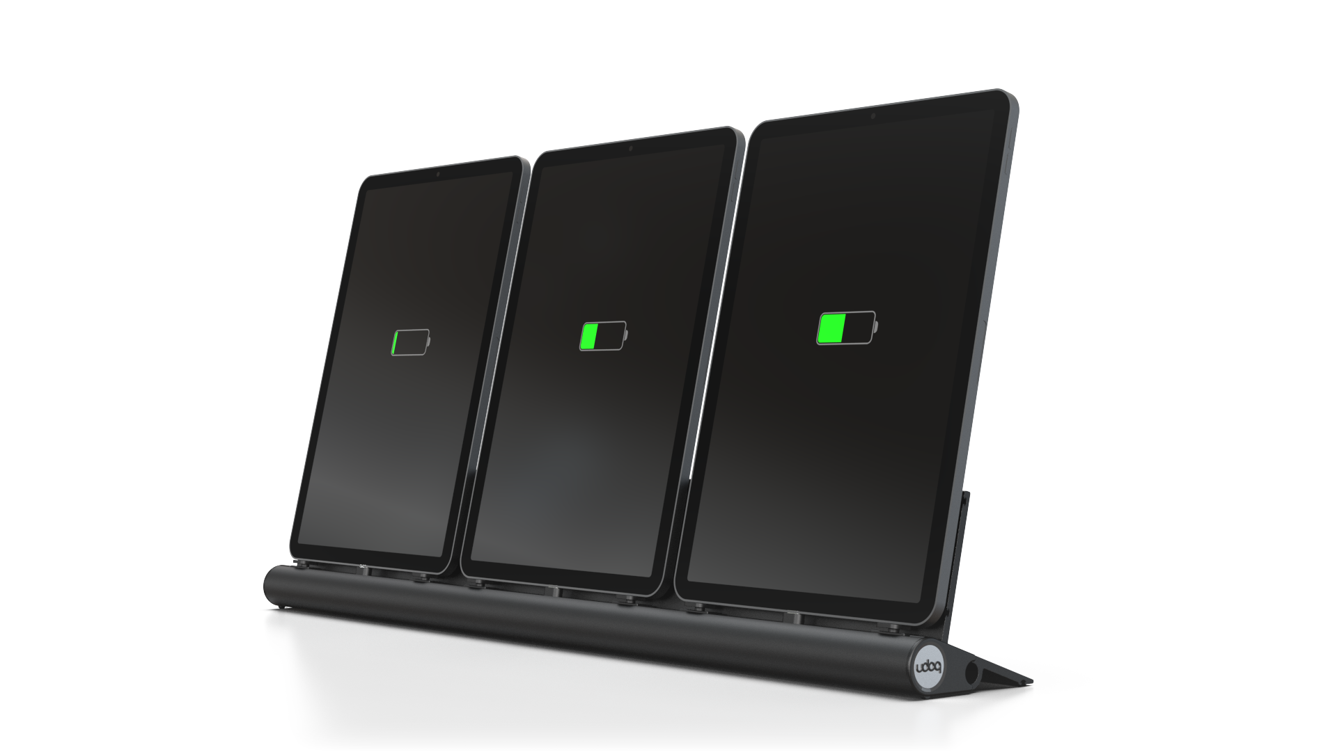 udoq 550 TABLET USB-C schwarz - 3 fach Ladestation gefräst und eloxiert aus solidem Aluminium. Exklusives Design mit patentierten verschiebbaren Anschlüssen. Lade platzsparend alle iPad, iPhone, AirPods, Apple Watch und Android Geräte mit bis zu 136W.