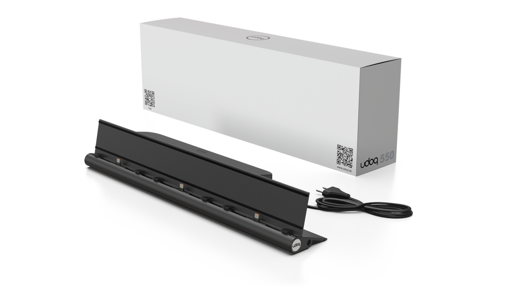 udoq 550 TABLET USB-C schwarz - 3 fach Ladestation gefräst und eloxiert aus solidem Aluminium. Exklusives Design mit patentierten verschiebbaren Anschlüssen. Lade platzsparend alle iPad, iPhone, AirPods, Apple Watch und Android Geräte mit bis zu 136W.