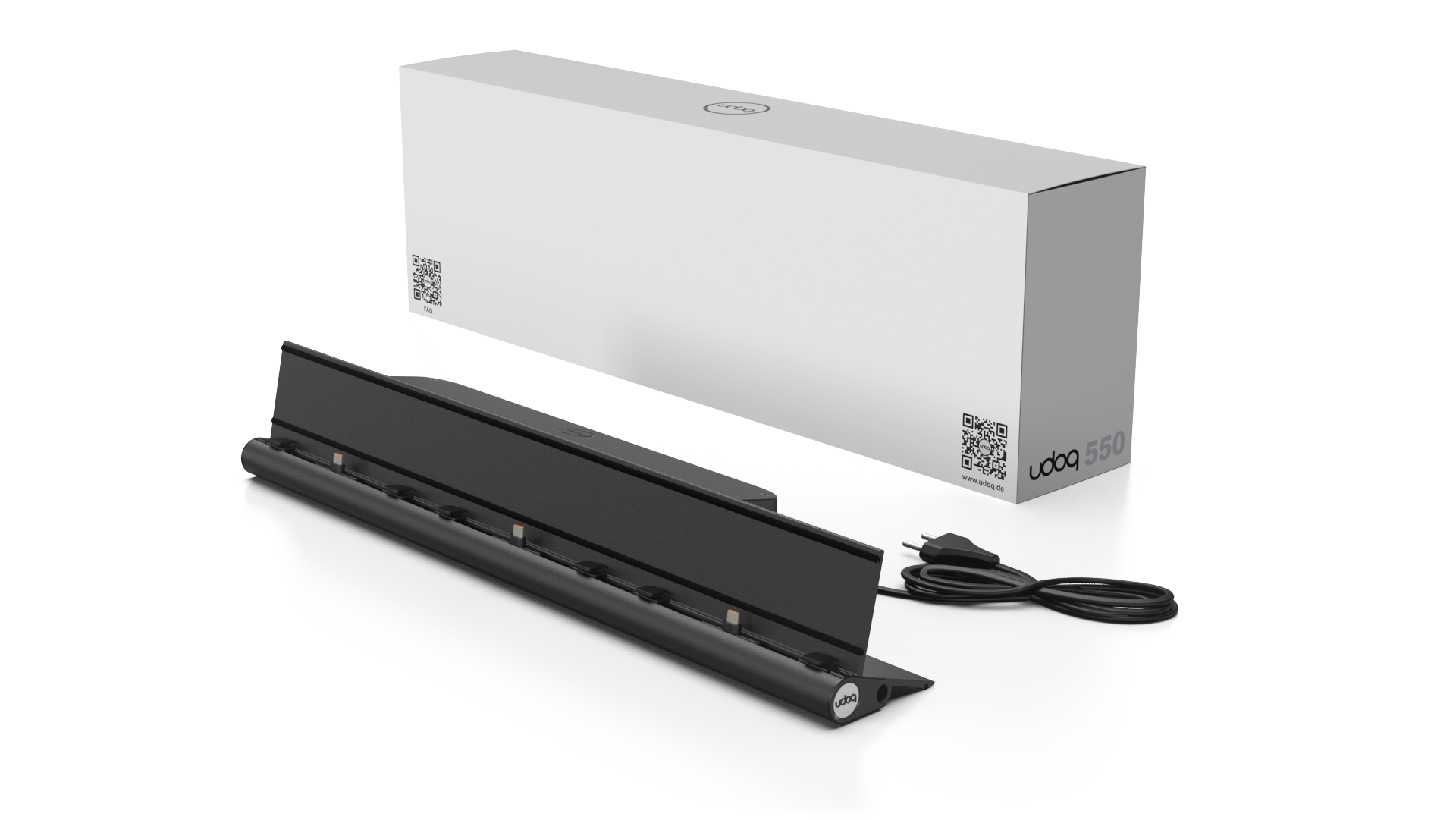 udoq 550 TABLET USB-C schwarz - 3 fach Ladestation gefräst und eloxiert aus solidem Aluminium. Exklusives Design mit patentierten verschiebbaren Anschlüssen. Lade platzsparend alle iPad, iPhone, AirPods, Apple Watch und Android Geräte mit bis zu 136W.