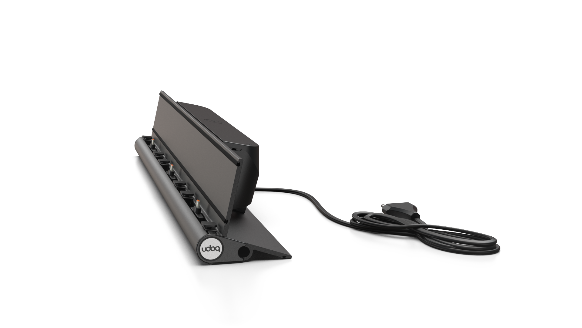 udoq 550 TABLET USB-C schwarz - 3 fach Ladestation gefräst und eloxiert aus solidem Aluminium. Exklusives Design mit patentierten verschiebbaren Anschlüssen. Lade platzsparend alle iPad, iPhone, AirPods, Apple Watch und Android Geräte mit bis zu 136W.