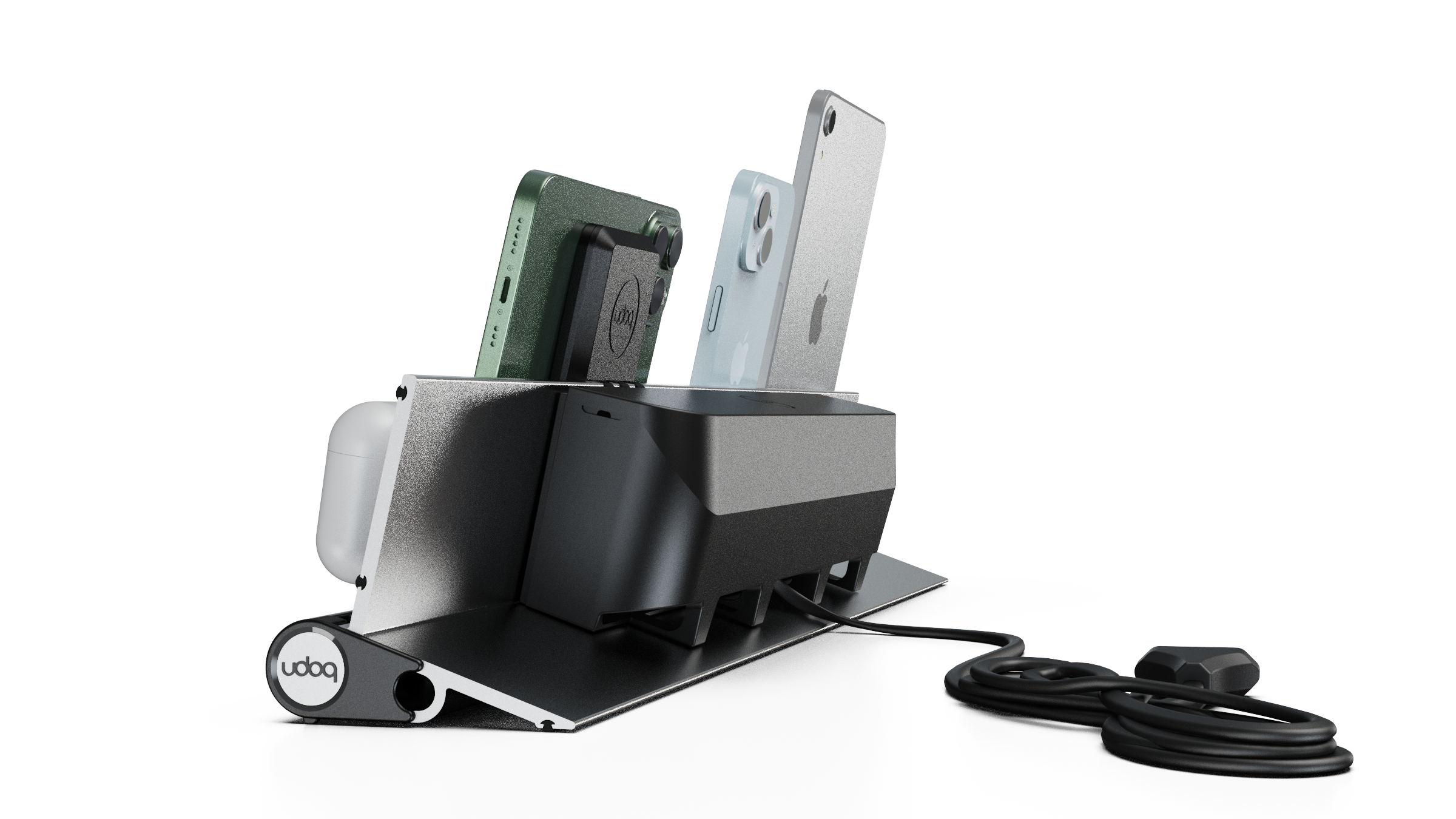 udoq 550 PREMIUM silber - 4 fach Ladestation gefräst und eloxiert aus solidem Aluminium. Exklusives Design mit patentierten verschiebbaren Anschlüssen. Lade platzsparend alle iPad, iPhone, AirPods, Apple Watch und Android Geräte mit bis zu 136W.