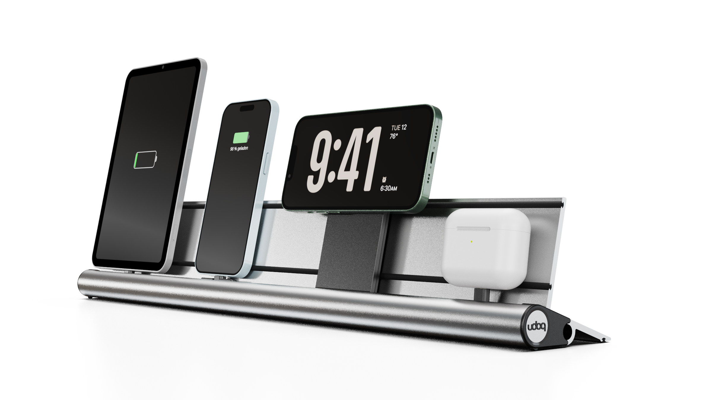 udoq 550 PREMIUM silber - 4 fach Ladestation gefräst und eloxiert aus solidem Aluminium. Exklusives Design mit patentierten verschiebbaren Anschlüssen. Lade platzsparend alle iPad, iPhone, AirPods, Apple Watch und Android Geräte mit bis zu 136W.