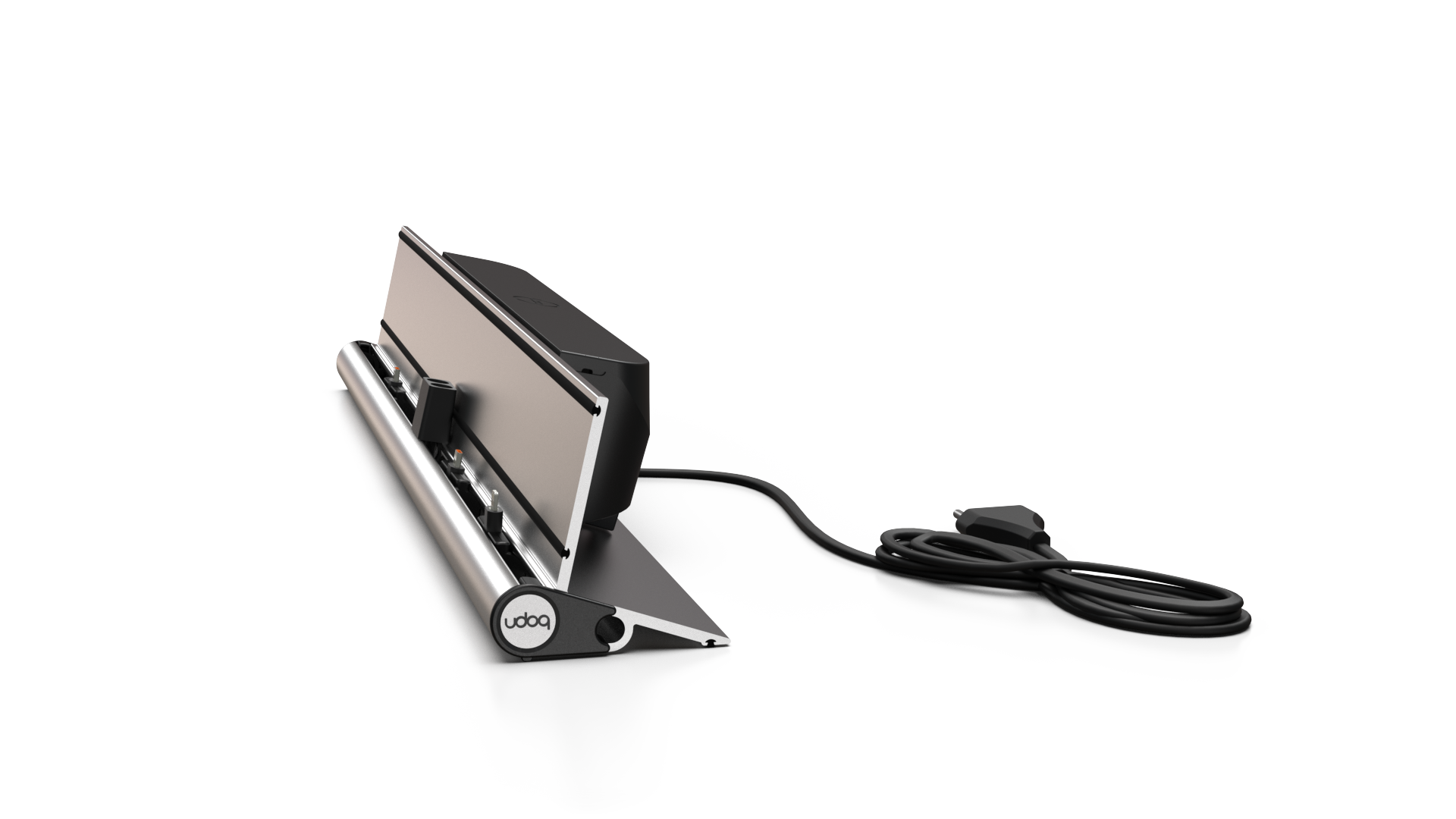 udoq 550 IPAD silber - 3 fach Ladestation gefräst und eloxiert aus solidem Aluminium. Exklusives Design mit patentierten verschiebbaren Anschlüssen. Lade platzsparend alle iPad, iPhone, AirPods, Apple Watch und Android Geräte mit bis zu 136W.