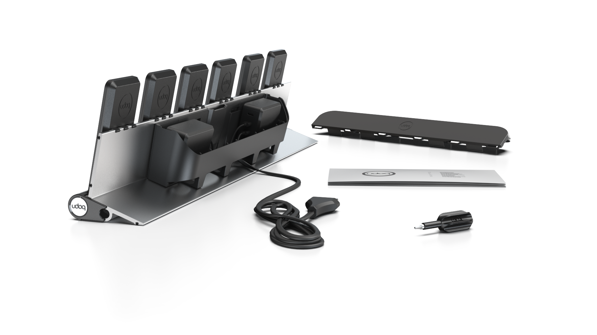 udoq 550 PRO silber - 6 fach Ladestation gefräst und eloxiert aus solidem Aluminium. Exklusives Design mit patentierten verschiebbaren Anschlüssen. Lade platzsparend alle iPhones und AirPods, Apple Watch und Android Geräte mit bis zu 136W.