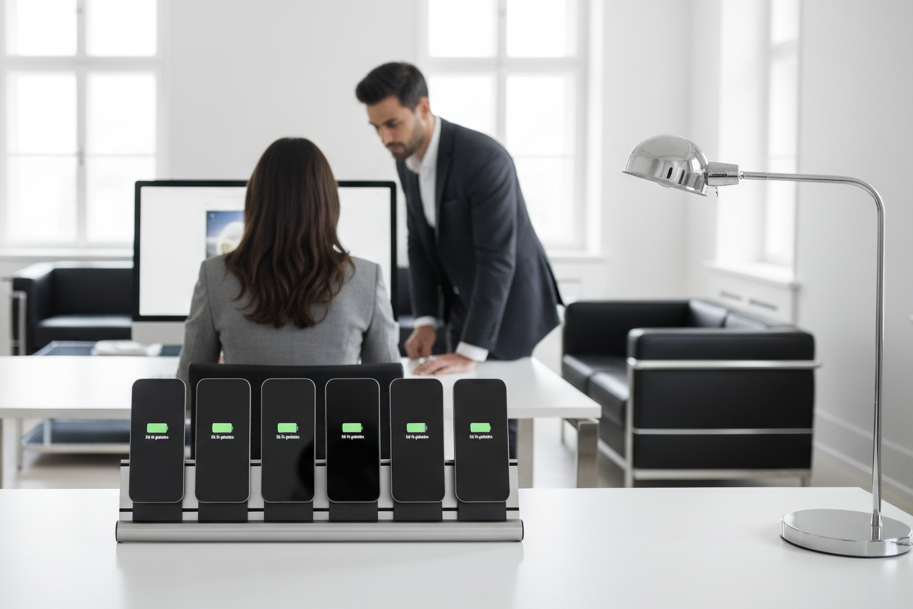 udoq 550 silber Luxury premium aluminium charging station with exchangeable connectors and wireless adapters for multiple iPhone, iPad, Smartphones, Tablets, AirPods, Android, Apple Watch, eReader, Headsets, Designed in Germany AA 