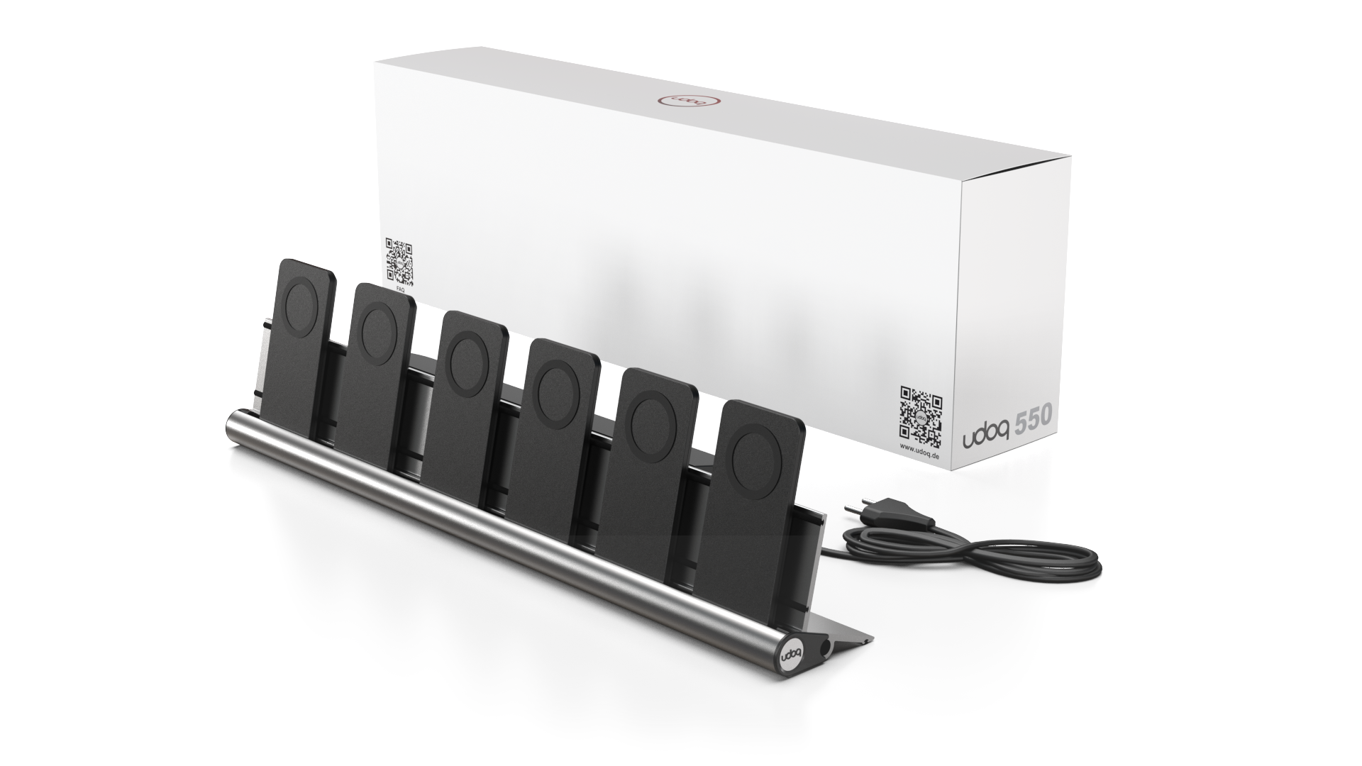 udoq 550 PRO silber - 6 fach Ladestation gefräst und eloxiert aus solidem Aluminium. Exklusives Design mit patentierten verschiebbaren Anschlüssen. Lade platzsparend alle iPhones und AirPods, Apple Watch und Android Geräte mit bis zu 136W.