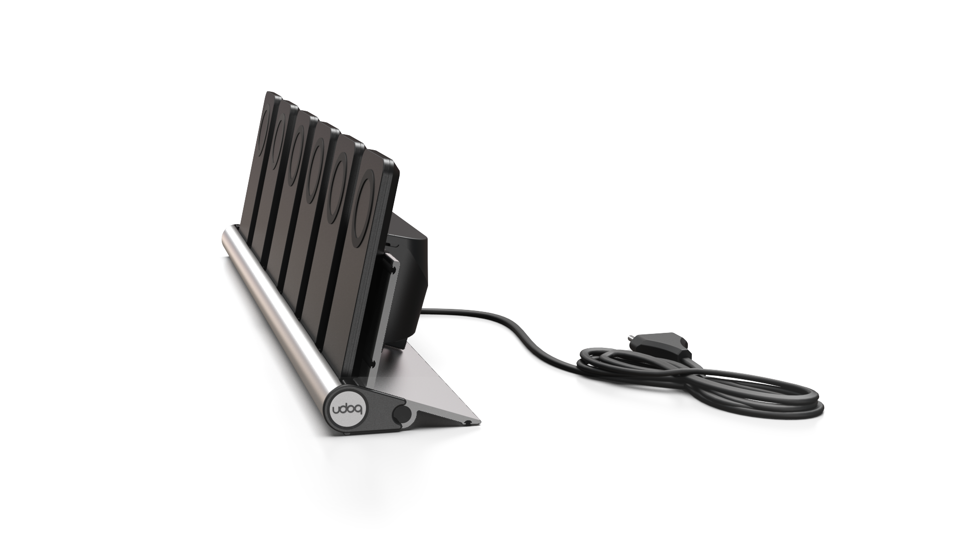 udoq 550 PRO silber - 6 fach Ladestation gefräst und eloxiert aus solidem Aluminium. Exklusives Design mit patentierten verschiebbaren Anschlüssen. Lade platzsparend alle iPhones und AirPods, Apple Watch und Android Geräte mit bis zu 136W.