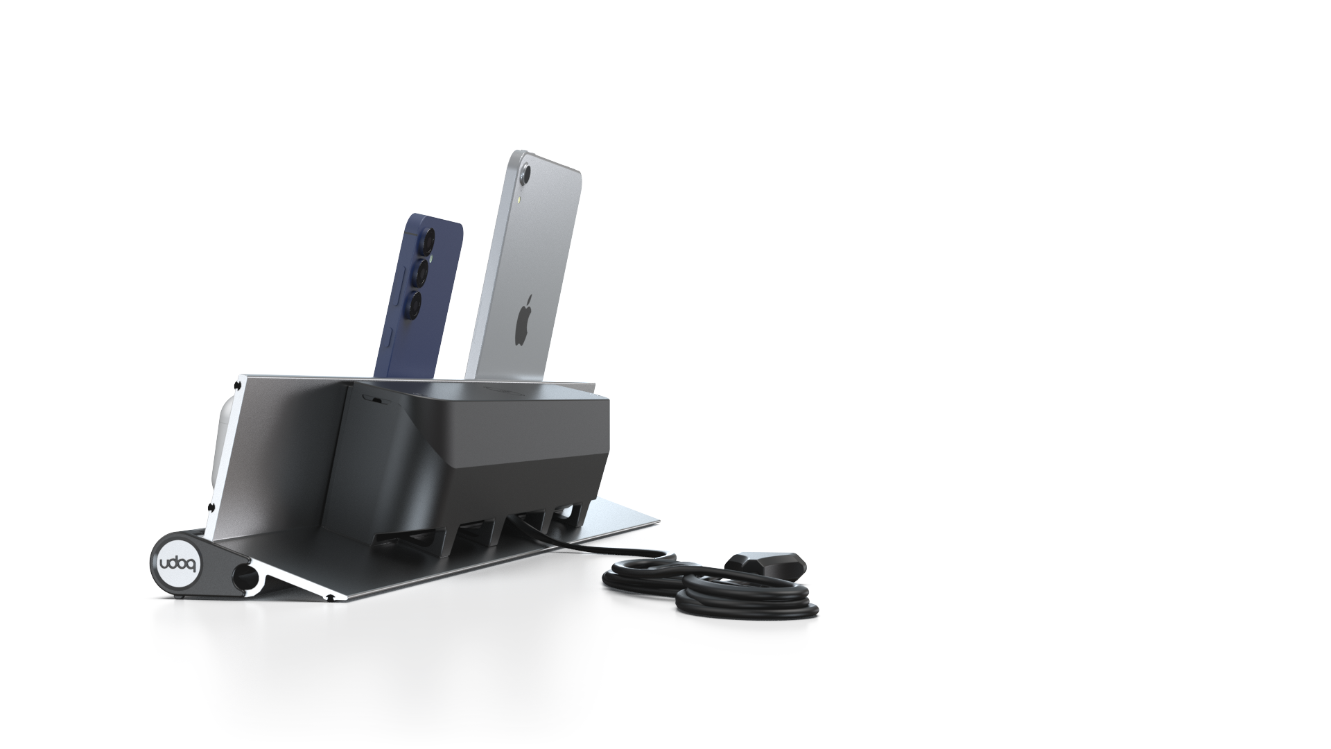 udoq 550 STARTER silber - 3 fach Ladestation gefräst und eloxiert aus solidem Aluminium. Exklusives Design mit patentierten verschiebbaren Anschlüssen. Lade platzsparend alle iPad, iPhone, AirPods, Apple Watch und Android Geräte mit bis zu 136W.