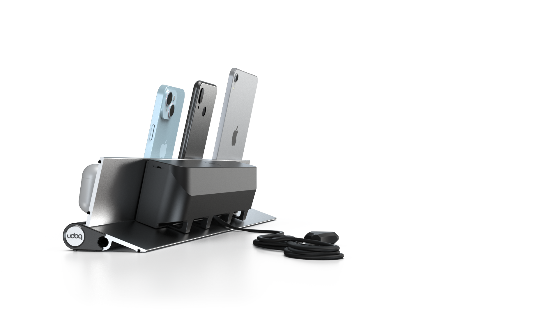 udoq 550 STARTER silber - 5 fach Ladestation gefräst und eloxiert aus solidem Aluminium. Exklusives Design mit patentierten verschiebbaren Anschlüssen. Lade platzsparend alle iPad, iPhone, AirPods, Apple Watch und Android Geräte mit bis zu 136W.