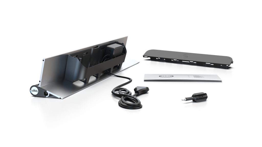 udoq 550 STARTER silber - 3 fach Ladestation gefräst und eloxiert aus solidem Aluminium. Exklusives Design mit patentierten verschiebbaren Anschlüssen. Lade platzsparend alle iPad, iPhone, AirPods, Apple Watch und Android Geräte mit bis zu 136W.