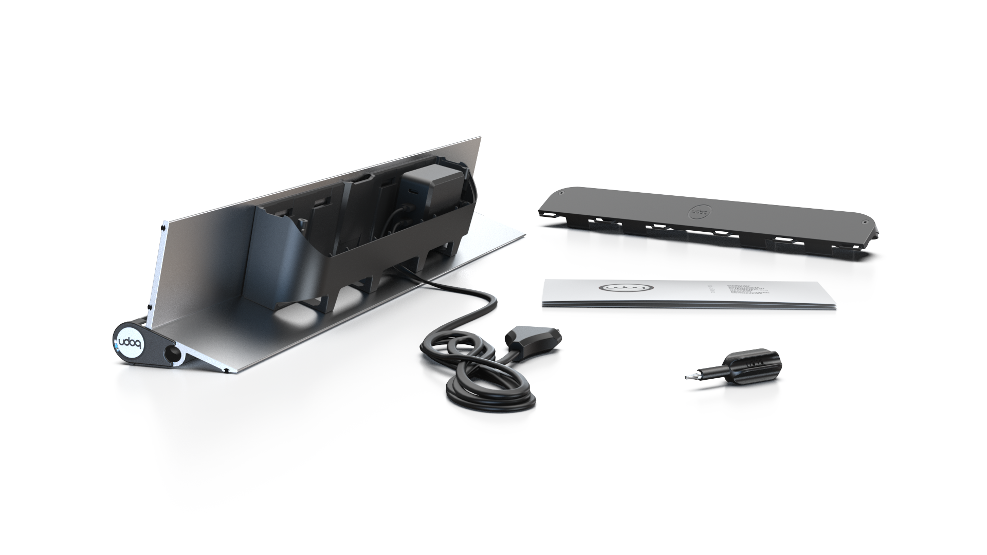 udoq 550 STARTER silber - 3 fach Ladestation gefräst und eloxiert aus solidem Aluminium. Exklusives Design mit patentierten verschiebbaren Anschlüssen. Lade platzsparend alle iPad, iPhone, AirPods, Apple Watch und Android Geräte mit bis zu 136W.