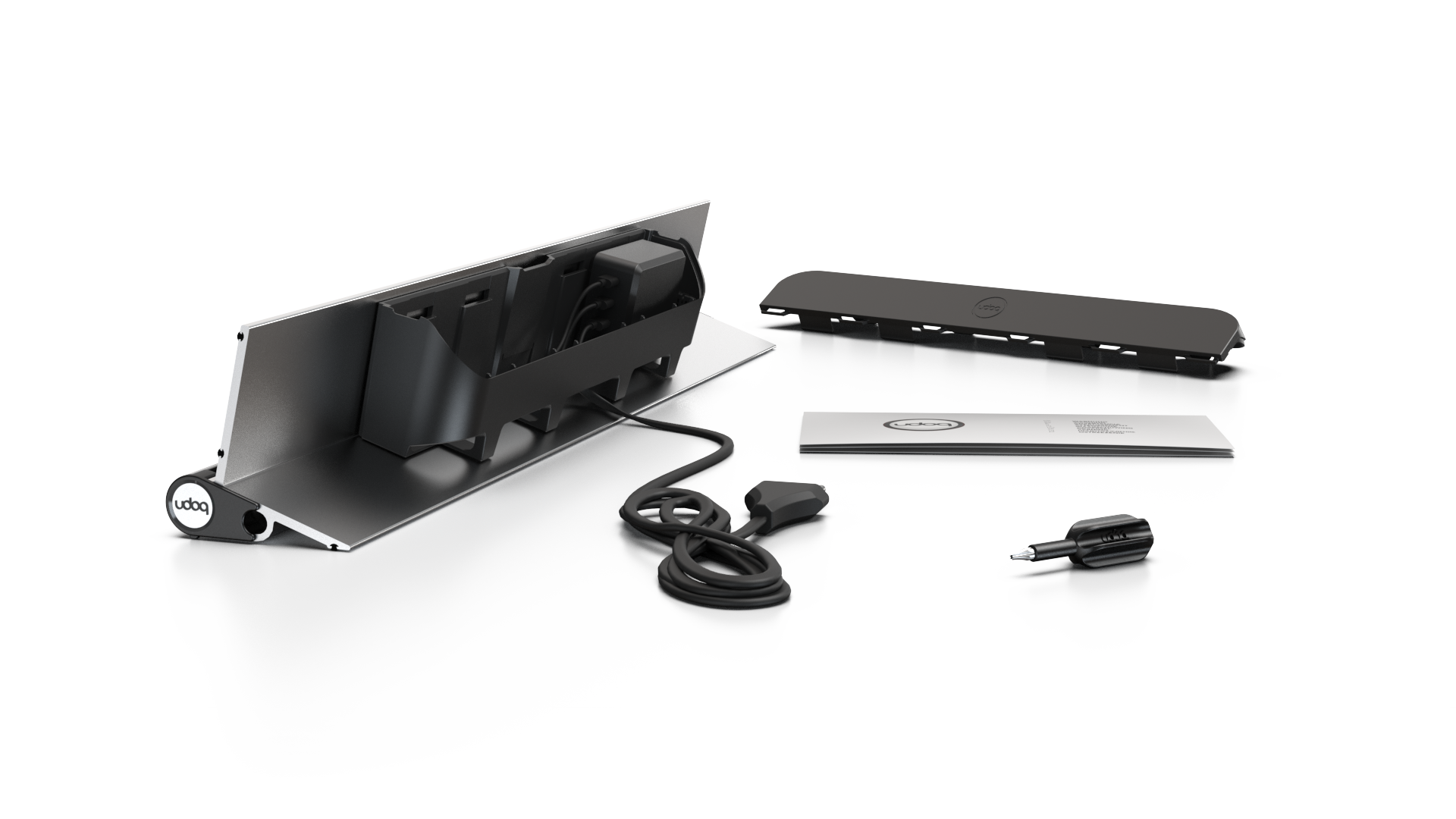 udoq 550 STARTER silber - 5 fach Ladestation gefräst und eloxiert aus solidem Aluminium. Exklusives Design mit patentierten verschiebbaren Anschlüssen. Lade platzsparend alle iPad, iPhone, AirPods, Apple Watch und Android Geräte mit bis zu 136W.