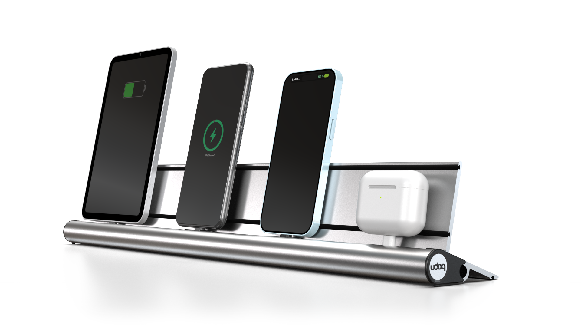 udoq 550 STARTER silber - 5 fach Ladestation gefräst und eloxiert aus solidem Aluminium. Exklusives Design mit patentierten verschiebbaren Anschlüssen. Lade platzsparend alle iPad, iPhone, AirPods, Apple Watch und Android Geräte mit bis zu 136W.