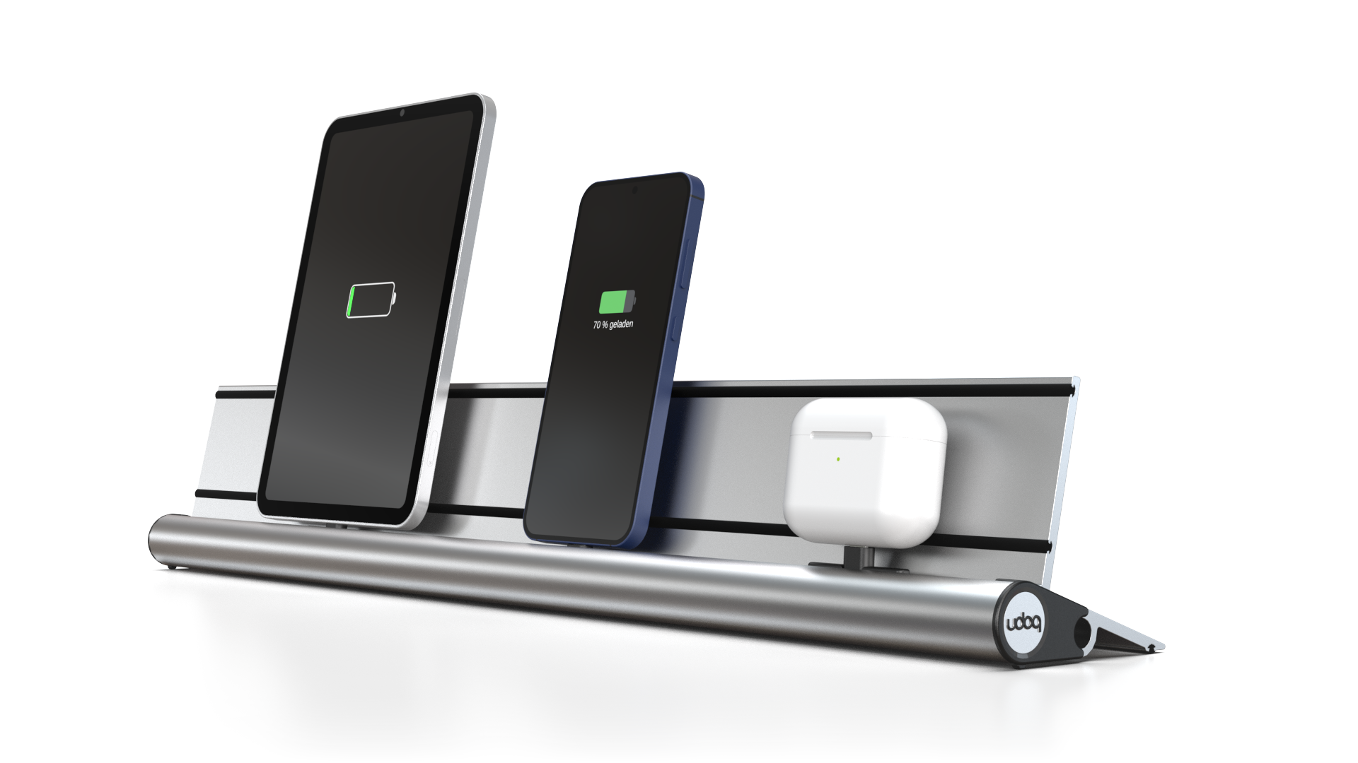 udoq 550 STARTER silber - 3 fach Ladestation gefräst und eloxiert aus solidem Aluminium. Exklusives Design mit patentierten verschiebbaren Anschlüssen. Lade platzsparend alle iPad, iPhone, AirPods, Apple Watch und Android Geräte mit bis zu 136W.