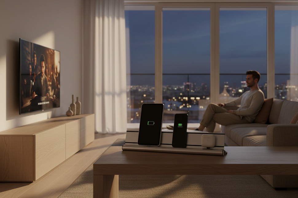 udoq 550 STARTER silber - 3 fach Ladestation gefräst und eloxiert aus solidem Aluminium. Exklusives Design mit patentierten verschiebbaren Anschlüssen. Lade platzsparend alle iPad, iPhone, AirPods, Apple Watch und Android Geräte mit bis zu 136W. AA