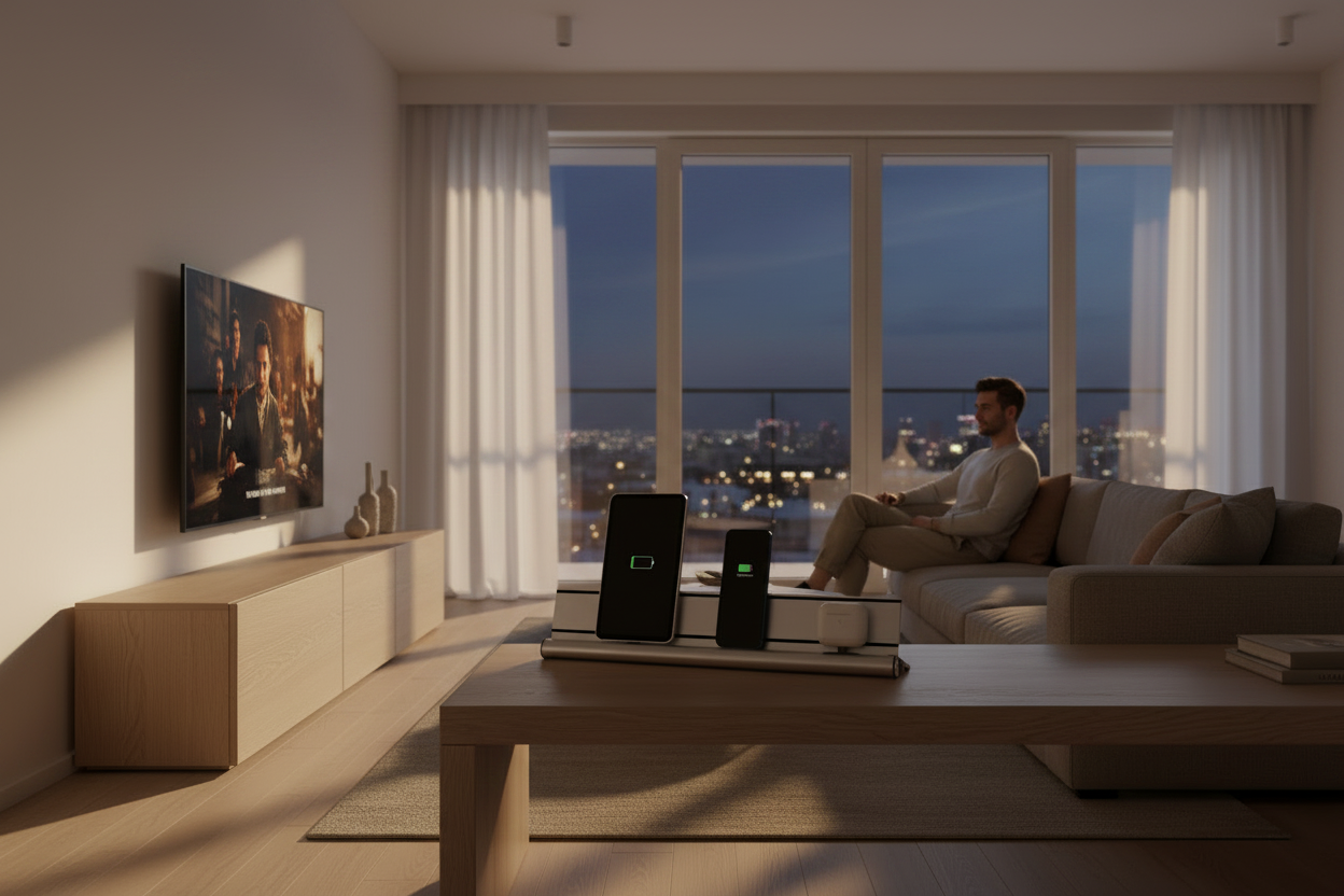 udoq 550 STARTER silber - 3 fach Ladestation gefräst und eloxiert aus solidem Aluminium. Exklusives Design mit patentierten verschiebbaren Anschlüssen. Lade platzsparend alle iPad, iPhone, AirPods, Apple Watch und Android Geräte mit bis zu 136W.